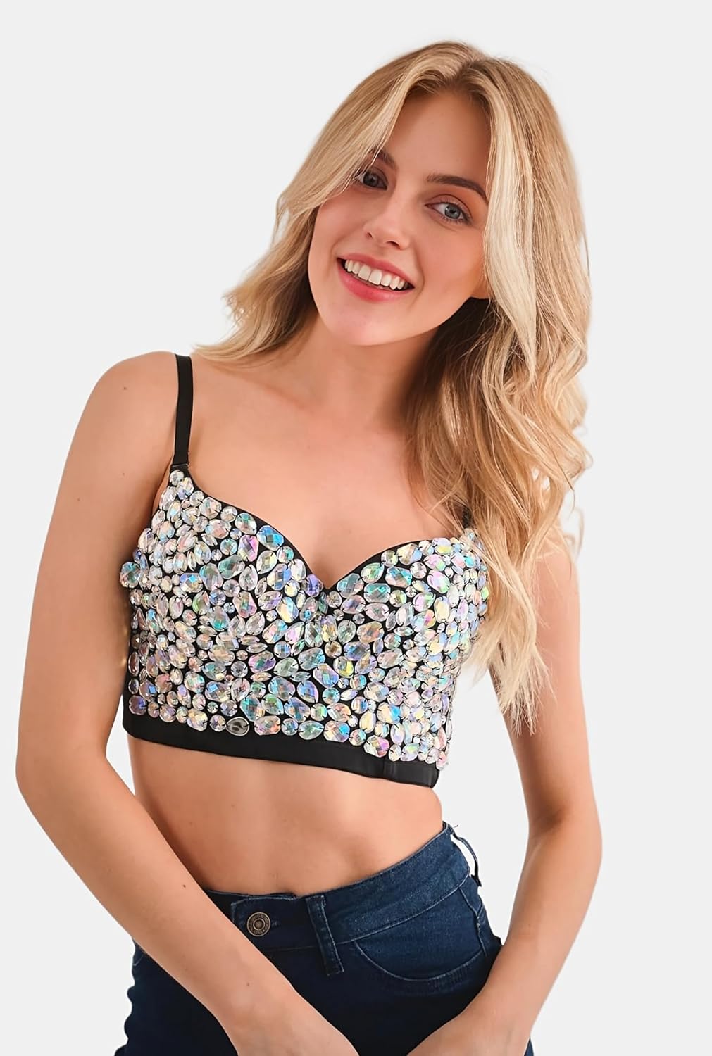 Women's Sexy Rhinestone Glitter Gemstone Push up Bustier Crop Top Club Party Corset Top Bra - Image 3