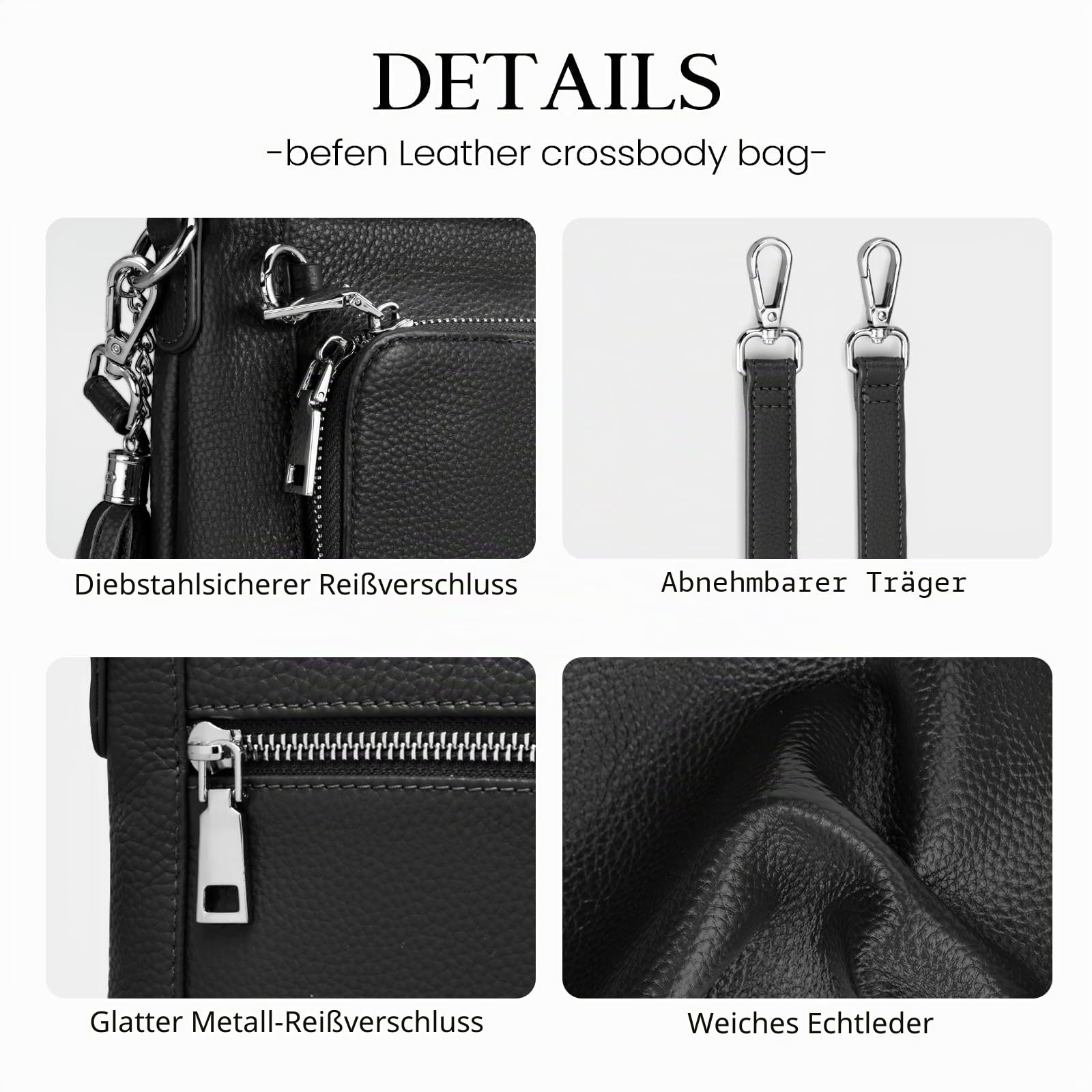 befen Umhängetasche aus echtem Leder für Damen, kleine Umhängetaschen, Diebstahlschutz, Damen-Handtaschen mit RFID-blockierender, integrierter Geldbörse