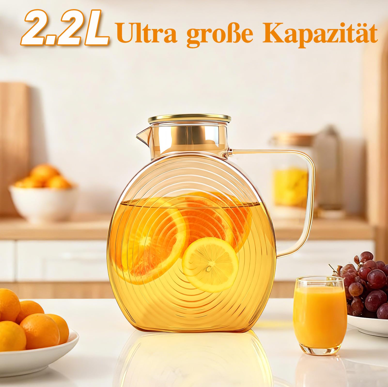 CNNIK Waterkaraf glazen karaf glas met deksel 2,2 liter waterfles glas waterkaraf met deksel waterkan glazen kan met handvat voor warm koud water dranken ijsthee melk koffie wijn