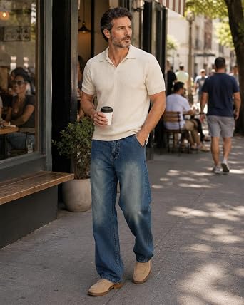 Mens Relaxed Stretch Wide Leg Jeans,5-Pocket Vintage