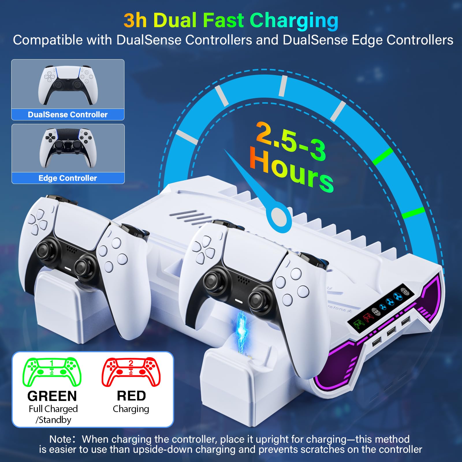ZRZLMVP PS5/Slim/Pro Controller Stazione di ricarica per console PlayStation 5 Disc/Digital, accessori PS5 con luce RGB, stazione di ricarica del controller, 3 hub USB, bianco
