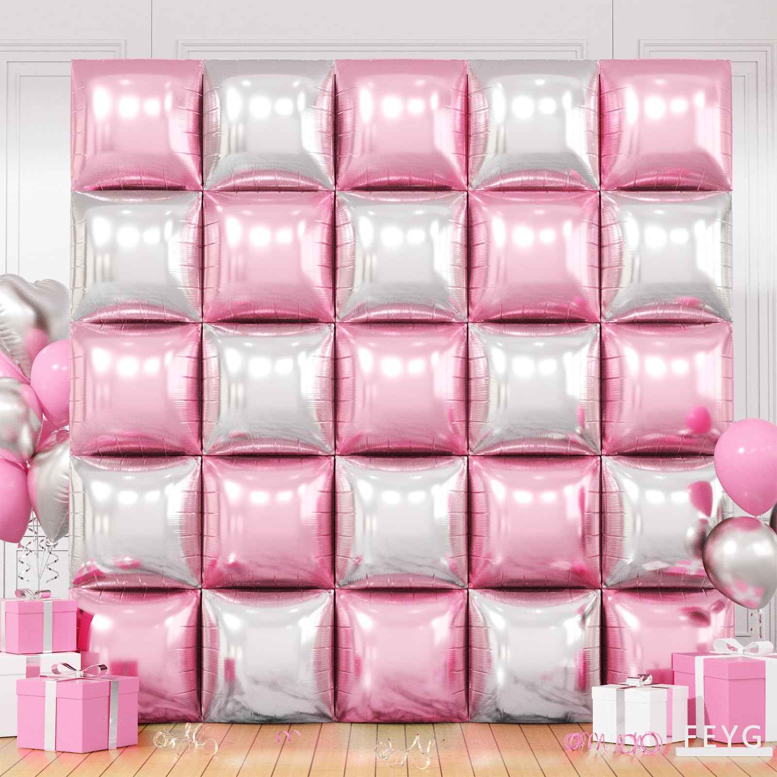 Pearl Pink and Silver Double Sided Square Foil Balloons Wall,19 Inches Pink Metallic Foil Balloons Tunnel Arch Kit for Girls Bachelorette,Wedding,