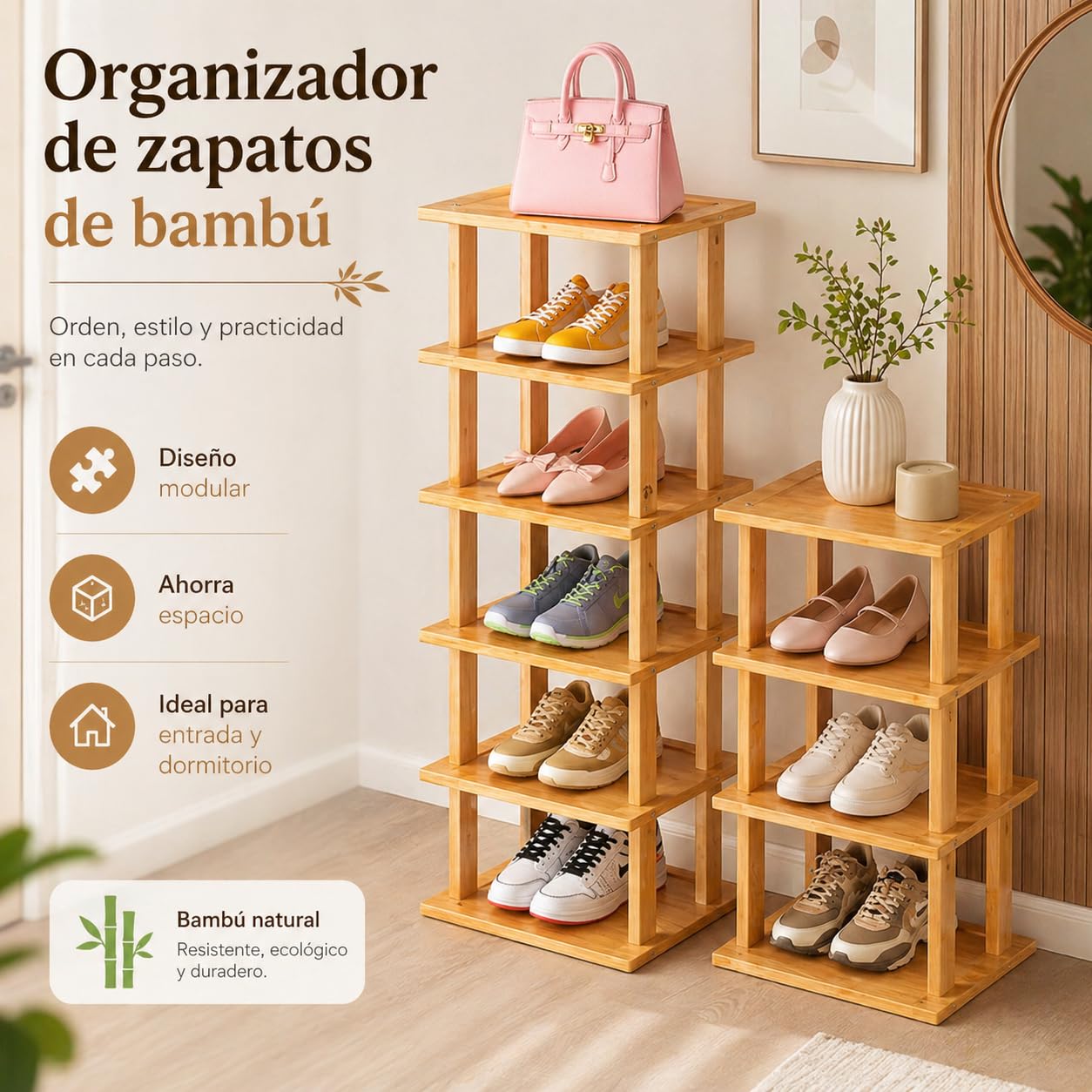 Zapatero Vertical de 7 Niveles, Entrada Recibidor Madera, bambú Estrecho, Ahorro Espacio, Material Bambú Espesado, Impermeabilización, Montaje sin Herramientas,