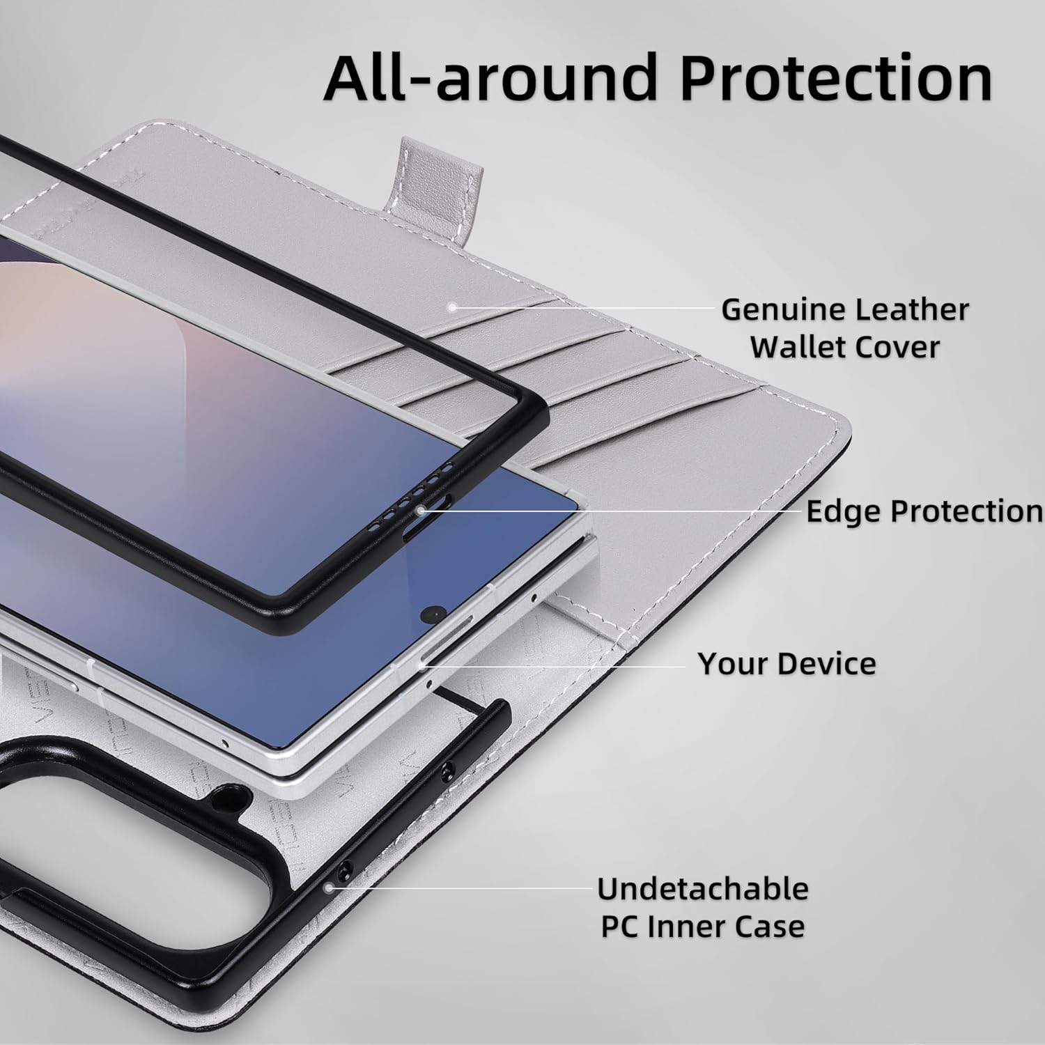 VISOUL Flip Phone Cover for Samsung Galaxy Z Fold 7 Wallet Case with Card Holder, Genuine Leather Magnetic Folio Case with Kickstand Magnetic Closure for Galaxy Z Fold7(8.0")-Black+Gray
