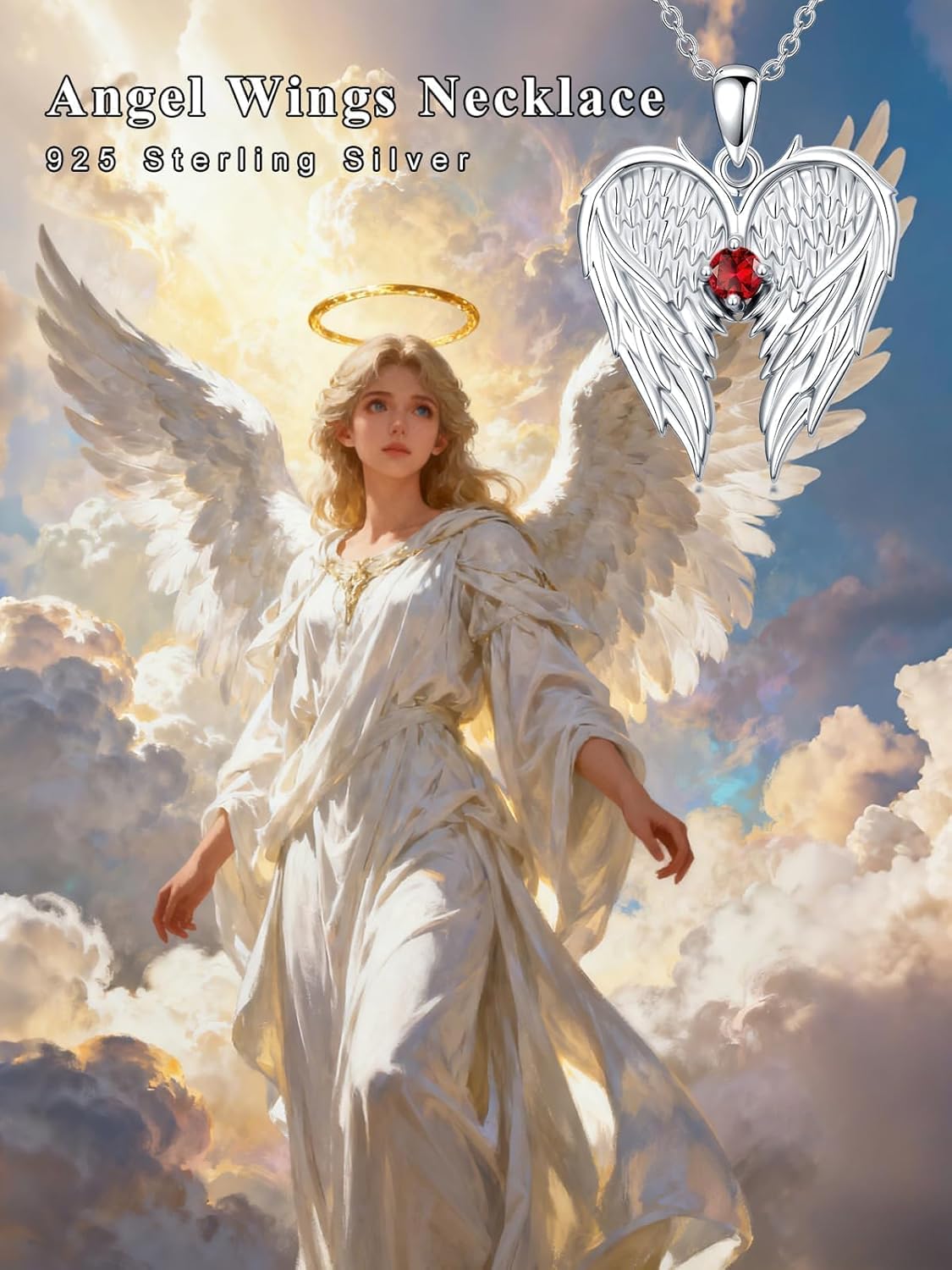 Dorunmo 925 Sterling Silver Angel Wing Heart Necklace, Guardian Angel Birthstone Pendant Jewelry for Women, Valentine's Day Anniversary Birthday Gifts for Her Wife Girlfriend Mom - Image 6