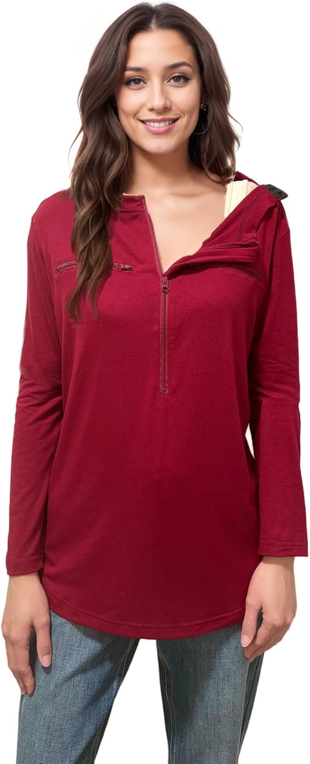 Youdiao Chemo Shirts for Women with Port Access Long Sleeve Side Snaps Dual Zipper for Post Surgery and Dialysis Recovery