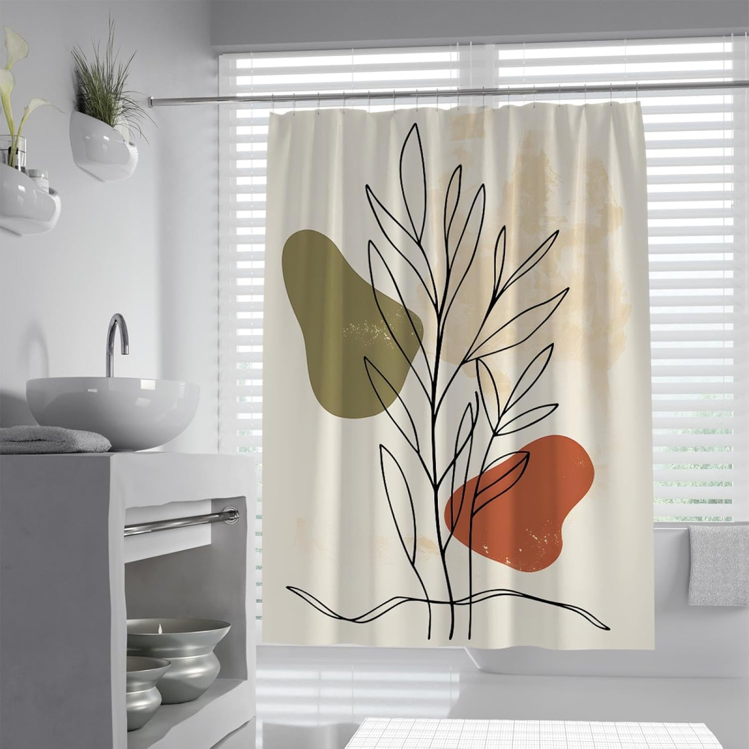 Beige Shower Curtain Liner Waterproof Fabric Color Blocks Shower Curtains with Hooks Tropical Leaves Bath Curtains for Farmhouse Bathroom W60 x L72(in)