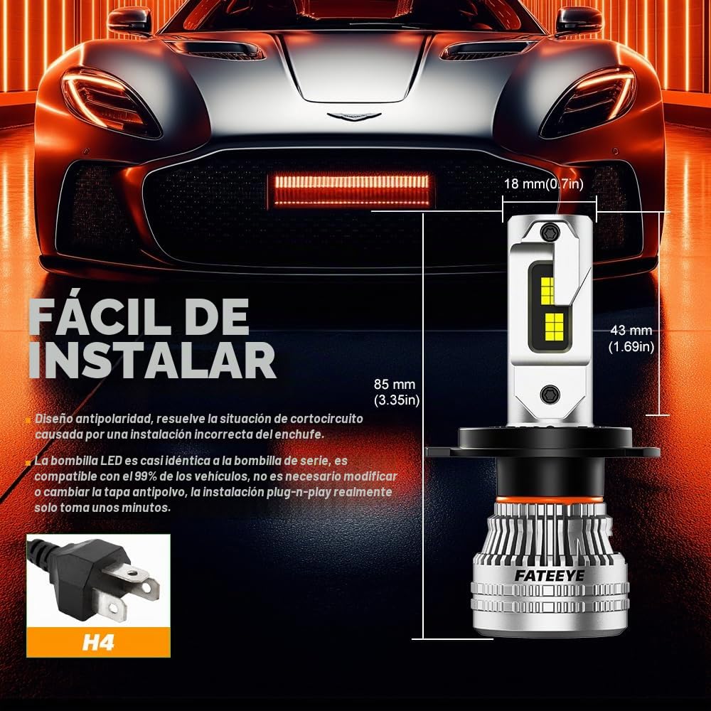 Bombillas H4 LED 44000LM, 200W, Pack de 2 | Blanco Frío 6500K, Plug & Play, 100000 Horas, IP68 Impermeable, 12000RPM, Ventilador de alta velocidad