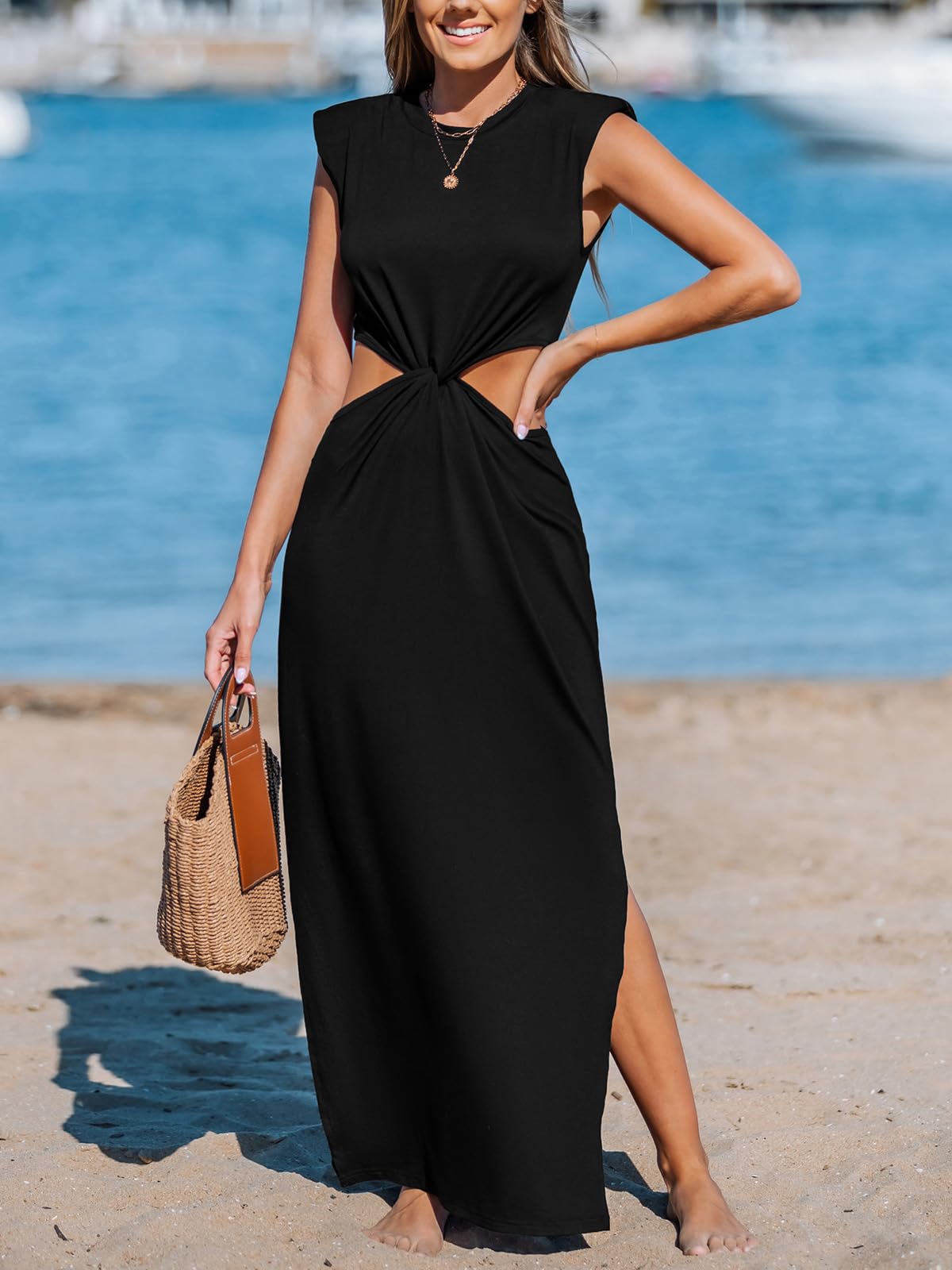 CUPSHE Vestido largo de verano para mujer, sin mangas, con abertura lateral, informal, con hombros acolchados
