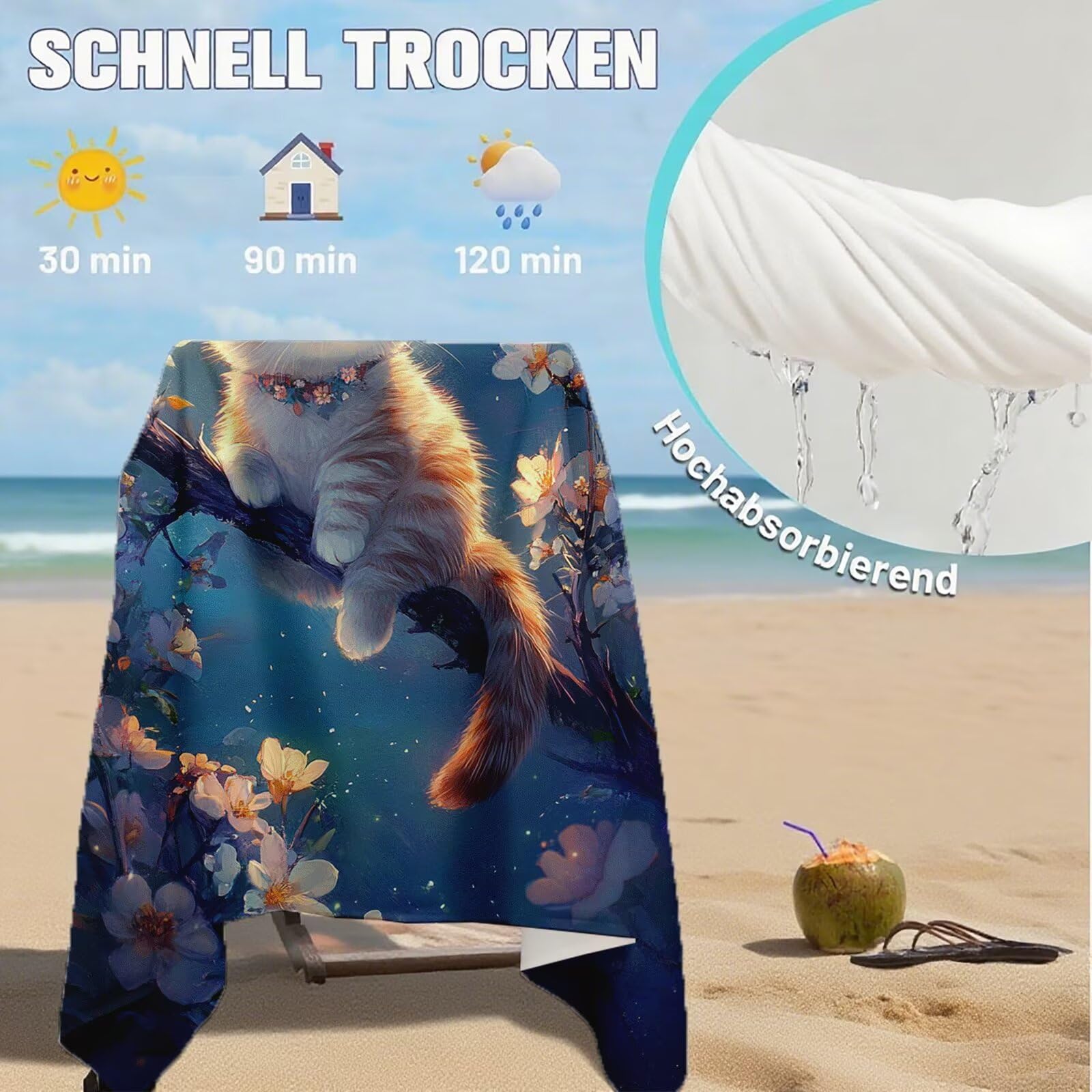 Serviette de Plage Microfibre Serviette Plage 100x220 2 Pack Séchage Rapide, Anti-Sable, Absorbante Fonction drap de plage xxl pour Bain, Sport, Voyages, Sauna, Piscine, Yoga, avec Sac Chat Q-4