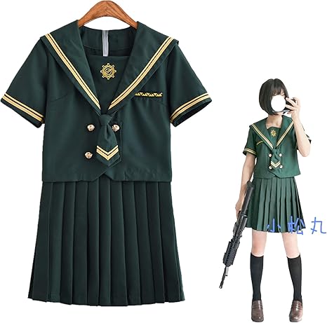 Amazon 小松丸 銃の少女 黄二本 セーラー服 半袖 前開き コスプレ 緑色 ダークグリーン かっこいい ネクタイ付き 本格制服 Jk制服 大きいサイズ 4点セット M 半袖セット コスプレ 仮装 通販