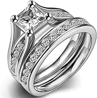 Jude Jewelers Stainless Steel Princess Cut Cubic Zirconia Engagement Ring Set - Bridal Halo Eternity Wedding Band Size 8.5