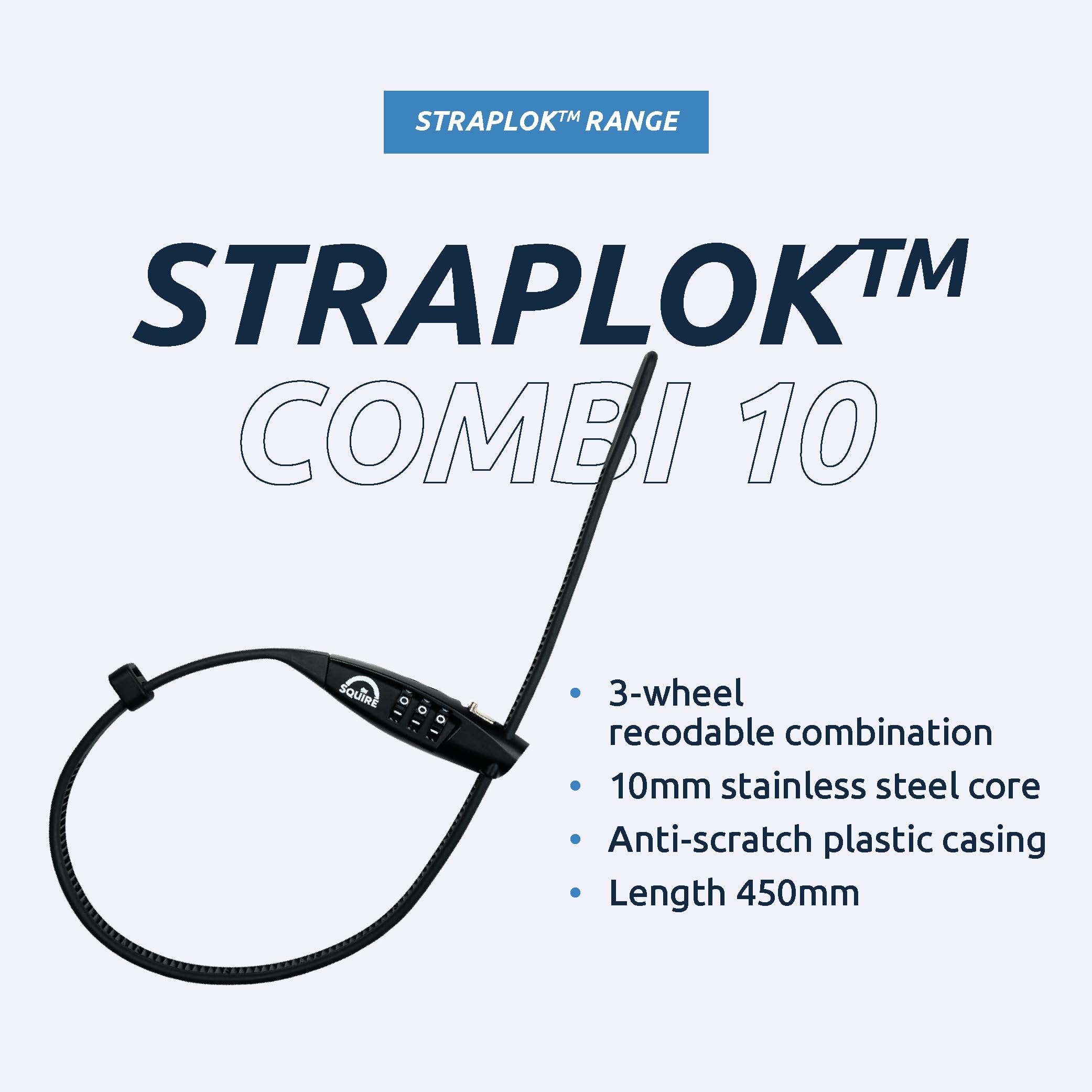 Squire Bike Locks STRAPLOK™ Combi 10 - Ultra-Lightweight Multi-Functional Zip-Tie Style Café Bike Lock with 10mm Stainless Steel Core, 450mm Length, 3-Wheel Recodable Combination