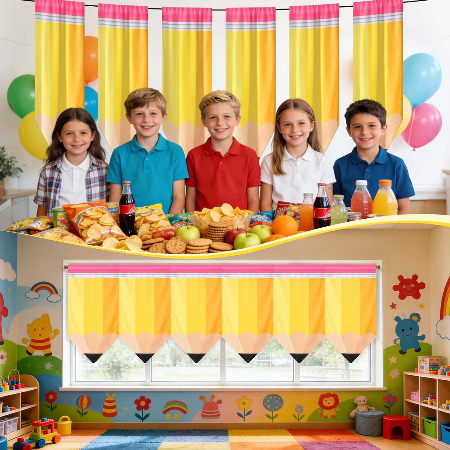 6 Pcs School Classroom Curtains, 36x24 Inches Yellow Pencil Shaped Curtains for Daycare Kids Room Decor Back to School Supplies