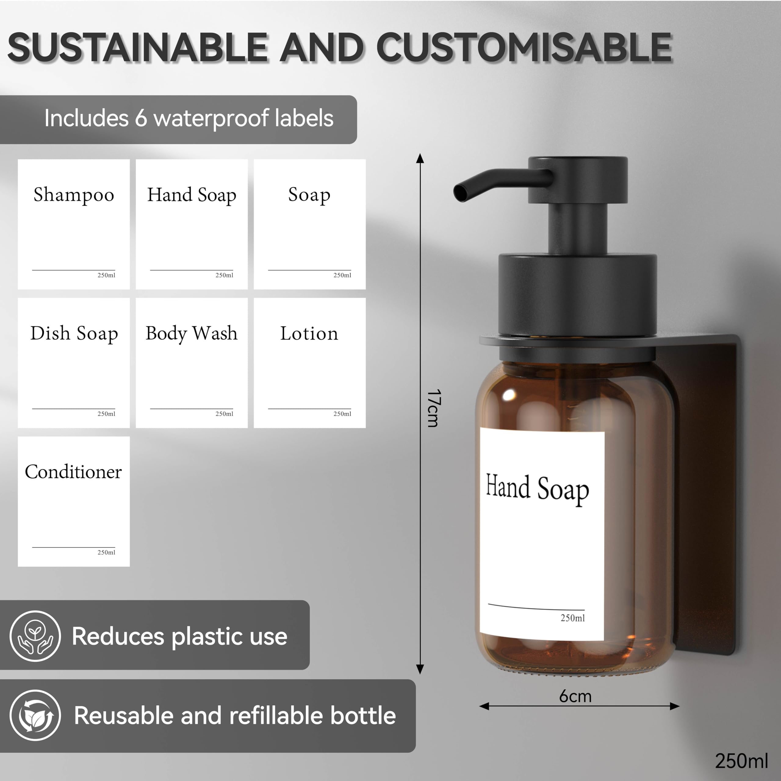 Confezione da 2 dispenser di sapone in vetro con montaggio a parete, autoadesivo, dispenser a pompa in acciaio inox per sapone liquido, senza fori, 250 ml (ambra/nero)