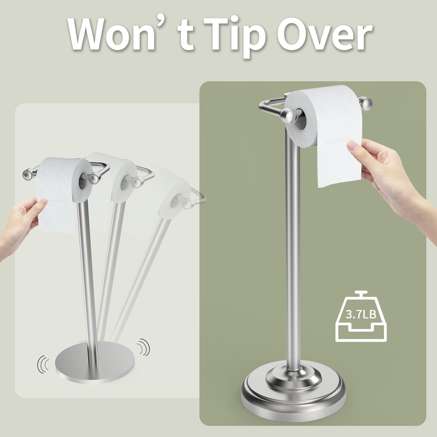 Toilet Paper Holder Stand, Brushed Nickel Toilet Paper Holder Free Standing,Post Pivoting Design & Stable Weighted Base SUS304 Stainless Steel for Bathroom