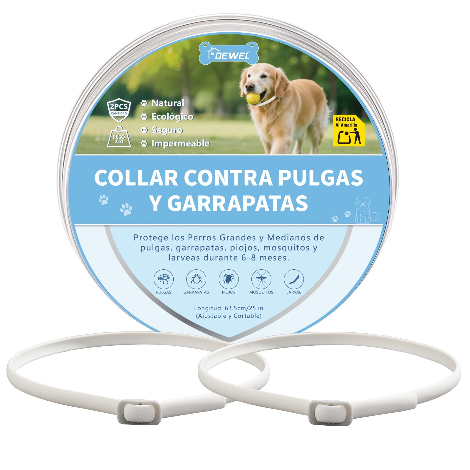 DEWEL Set de 2 Collar Antiparasitarios para Perros Grandes y Medianos 63,5 cm, Protege Perros de Pulgas, Garrapatas, Mosquitos, Piojos de 8 Meses, Cuello contra Pulgas y Garrapatas Ajustable Blanco
