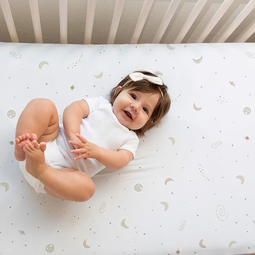 Miniatura 5 de Sorrel + Fern Paquete de 2 sábanas para cuna estándar (galaxia, luna y estrellas), sábanas bajeras de primera calidad, mezcla de algodón suave como
