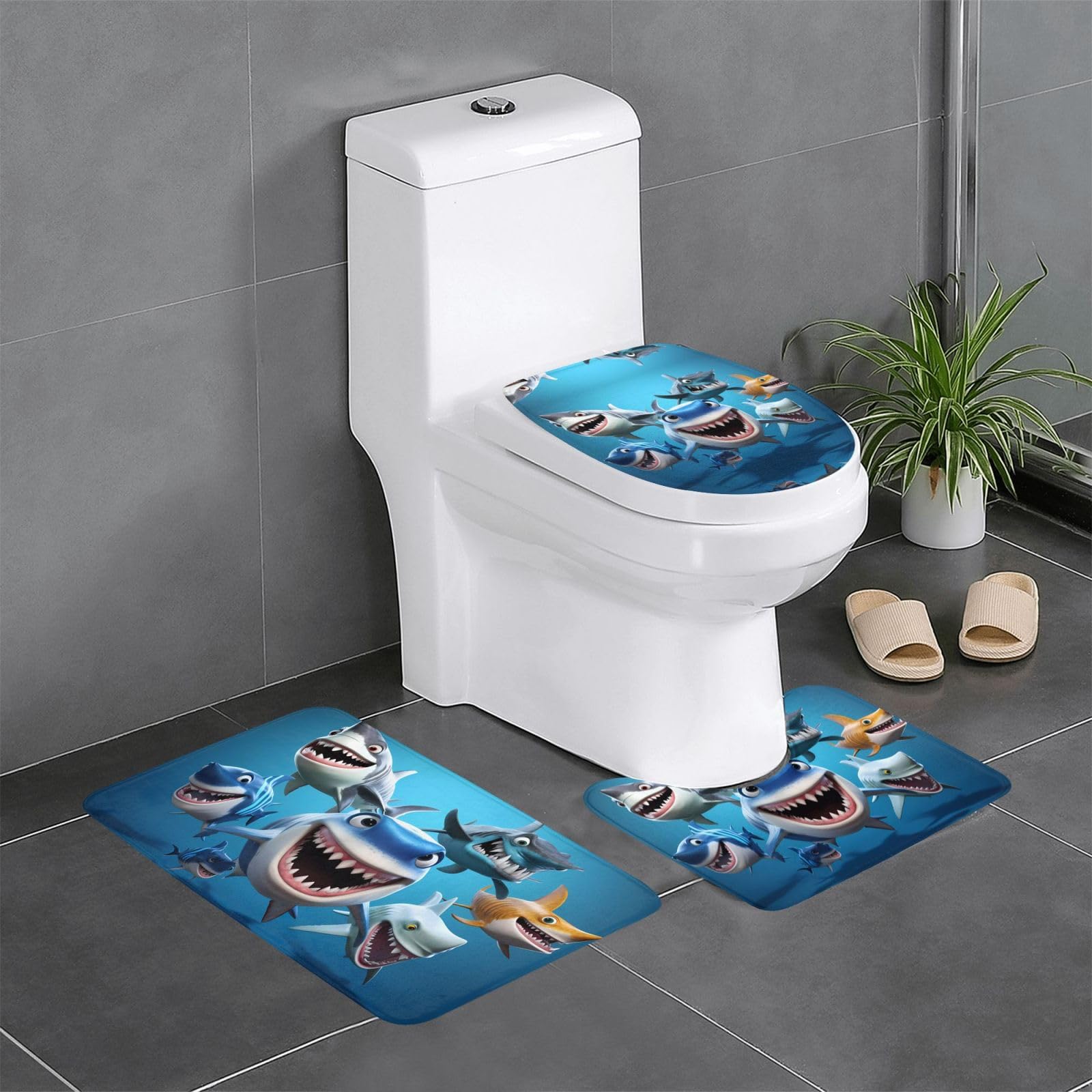 Ensemble tapis de bain antidérapants requin avec contour WC et coiffeuse