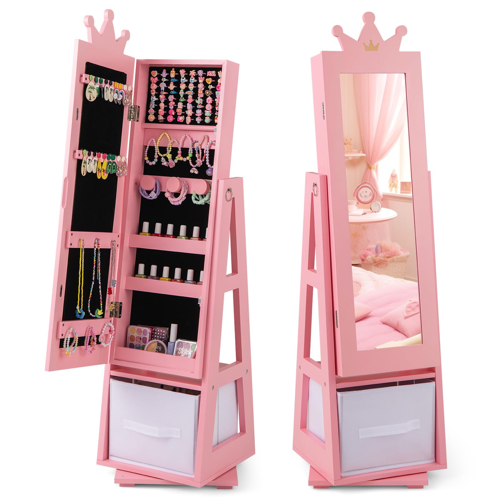 COSTWAY Armadietto Portagioie per Bambini 31,5 x 29,5 x 122 cm, Specchio a Figura Intera a Forma di Corona con Ganci, Ripiani, Base Girevole a 360°e Cassetto in Tessuto (Rosa)