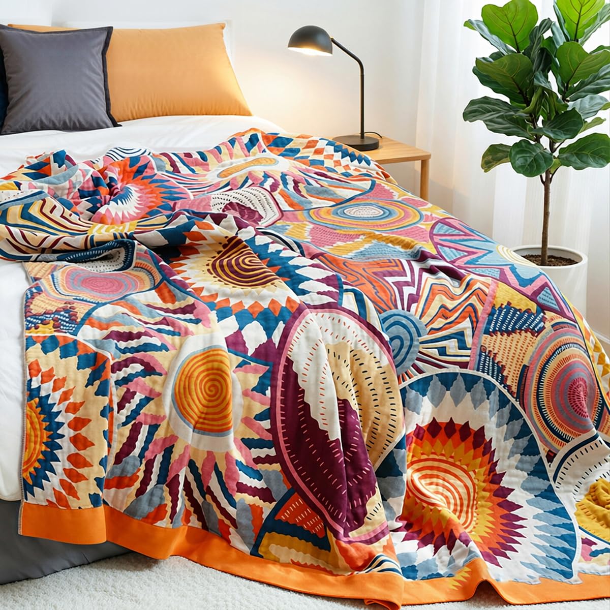 Plaid Sofa de Algodón Manta Sofa Boho Verano Inverno Colcha Boho Algodón para Cama Colcha Color Naranja con Estampado Geométrico, Multiusos, 150 x 200 cm (60" x 78") | Colcha para sofá o cama, color naranja con estampado geométrico, multicolor