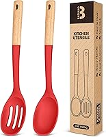 Vista 9 de Cucharas de cocina de silicona, ideales para recoger lados y servir guisos abundantes, silicona mate sin BPA, cuchara de servir con mango de madera