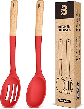 Silicone Cooking Spoons, Great for Scooping Sides and Serving Hearty Stews, BPA-Free Matte Silicone, Wooden Handle Serving Spoon for Nonstick Cooking Surfaces Red
