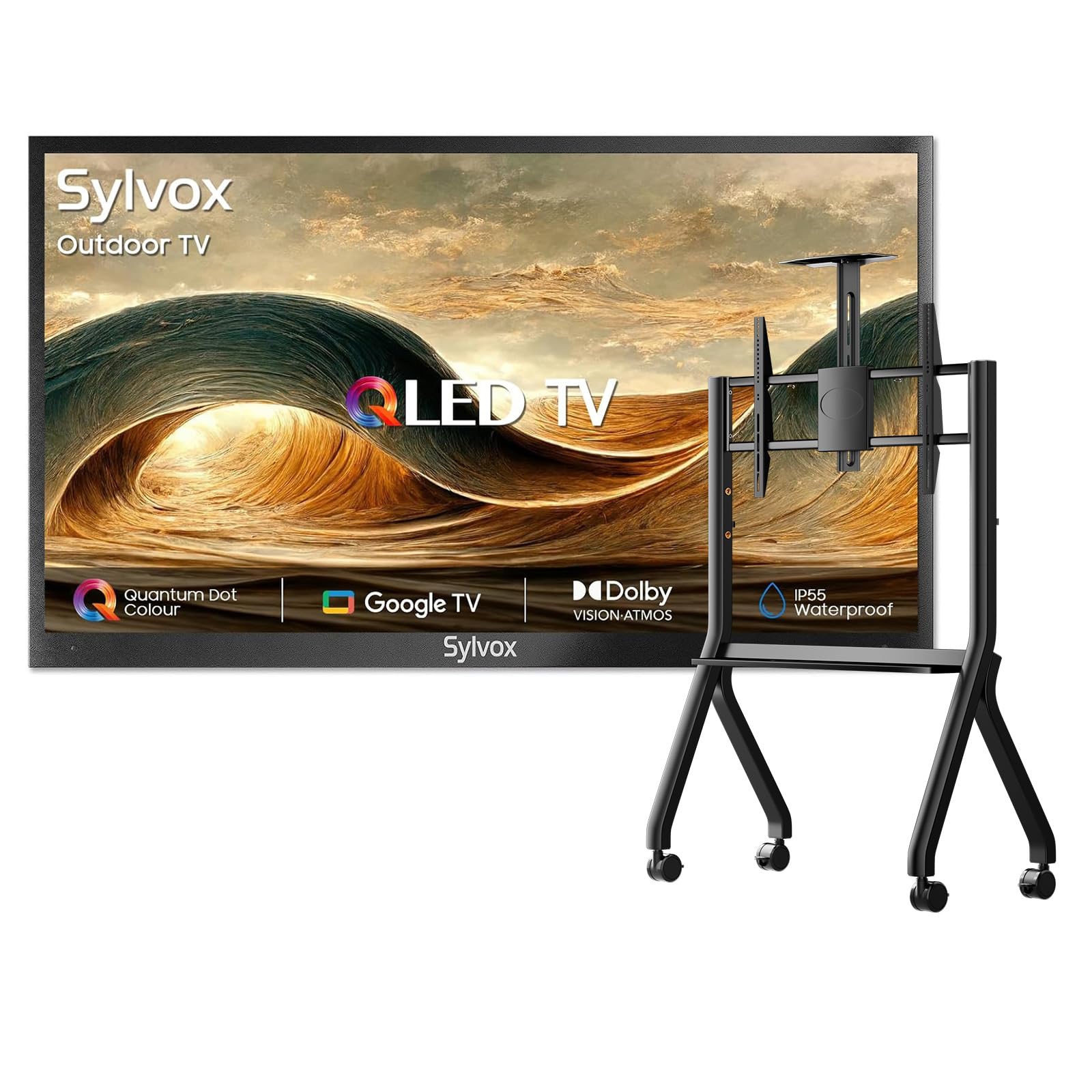 SYLVOX Outdoor TV with Rolling Stand 55 inch 4K UHD QLED Smart TVs Weatherproof IP55 Waterproof 1000 Nits