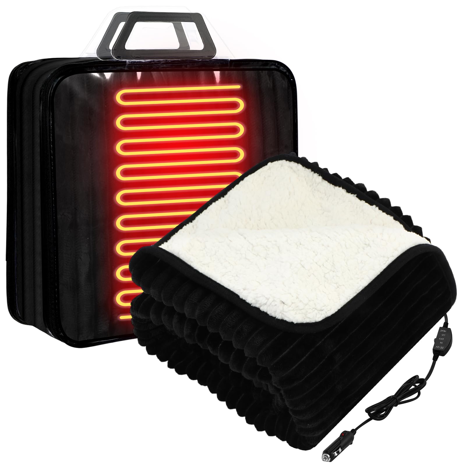 Riakrum 12v Heated Car Blanket 58" x 43", Black, Ribbed