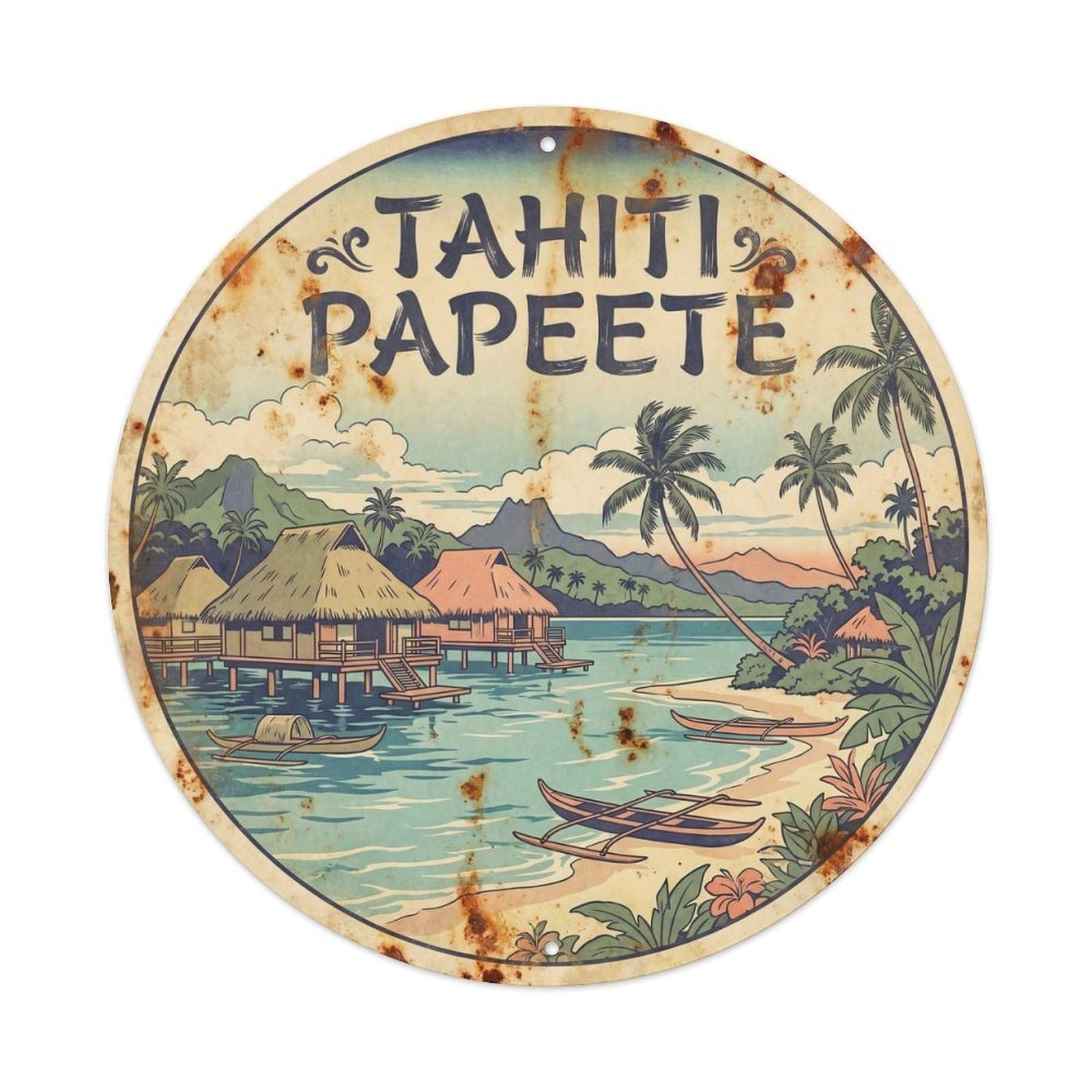 Tahiti Papeete Seaside Scenery Ink Illustration Metal Tin Sign
