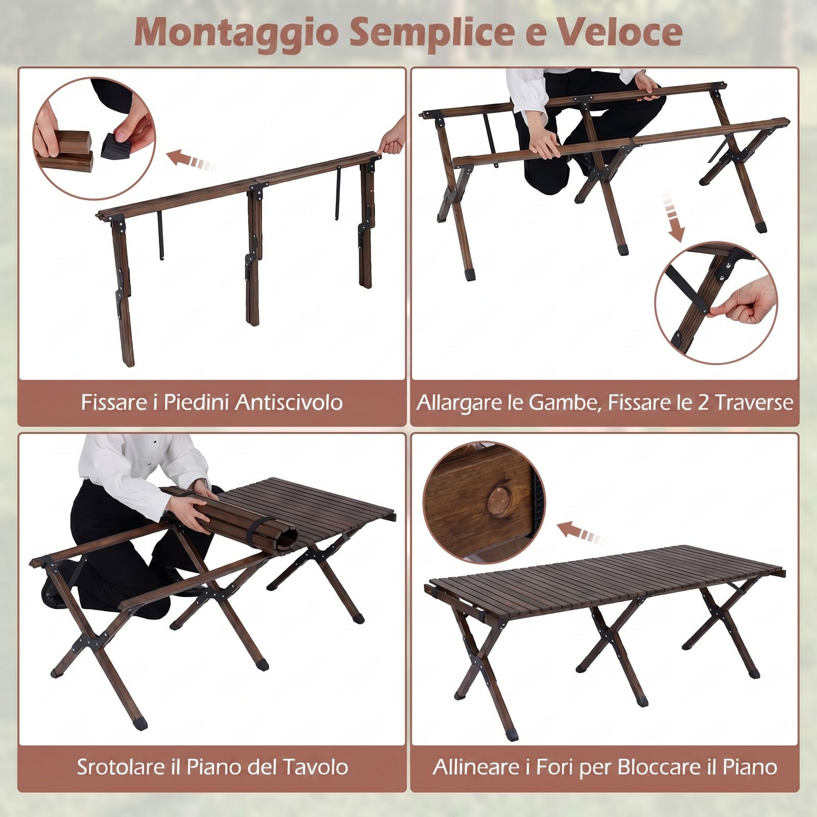 COSTWAY Tavolo da Picnic Pieghevole e Portatile, 122 x 60 cm, Tavolo da Campeggio in Legno Massello a 4-6 Posti, con Piano Arrotolabile e Borsa da Trasporto, per Balcone, Cortile e Mercato (Marrone)