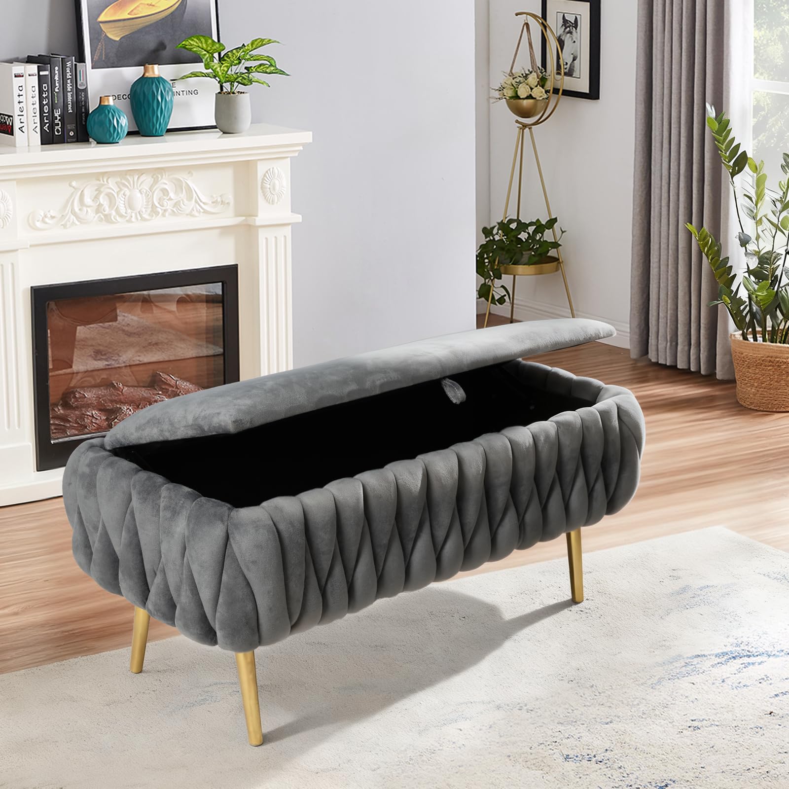 Sitzbank mit Stauraum, Aufbewahrungsbank, Samt Bettbank mit Metallbeinen, Polsterbank Hockerbank für Wohnzimmer, Schlafzimmer, Flur, bis 300 kg Belastbar, 105 x 20 x 44cm (Grau)