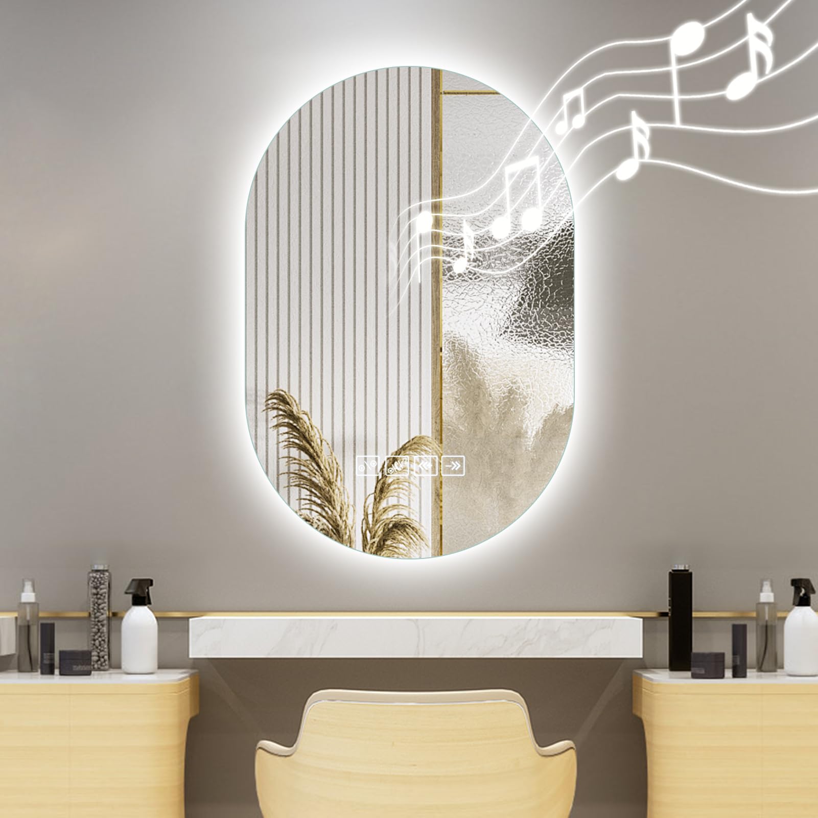 wowspeed Bathroom Mirror with LED Light, Elliptique 50 * 75cm Bluetooth Bathroom Vanity Mirror, 3000K/4500K/6500K Dimmable Bluetooth Music LED Vanity Mirrors, Wall Mounted Smart Mirrors, Anti Fog