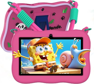 VASOUN 7 inch Kids Tablet with Strap, Android 13 with 32GB Toddler Tablet,WiFi, Dual Camera,Time Limits, Age Filters,Parental Controls,Kids Software Pre-Installed with Silicone Case Pink
