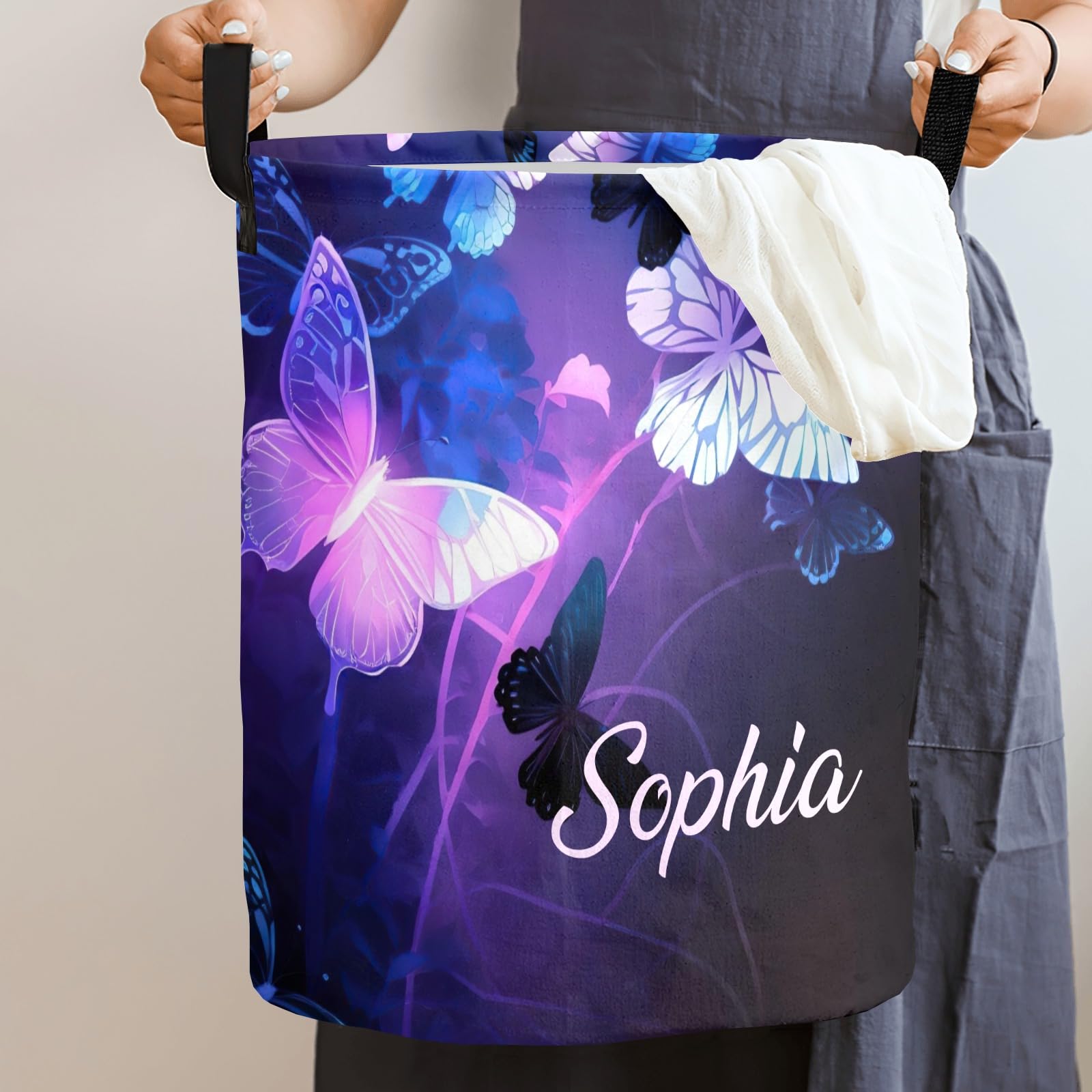 Personalized Fantasy Purple Butterfly Waterproof Laundry Basket Handles Collapsible Hamper Storage Basket for Office Bathroom