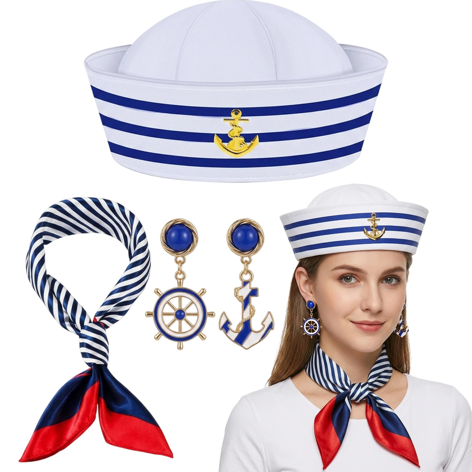 3-Piece Sailor Outfit Set, Sailor Hat and Scarf Accessories, Nautical Fancy Dress Costume for Themed Events, Complete Sailor Hats Ensemble with Earrings Red