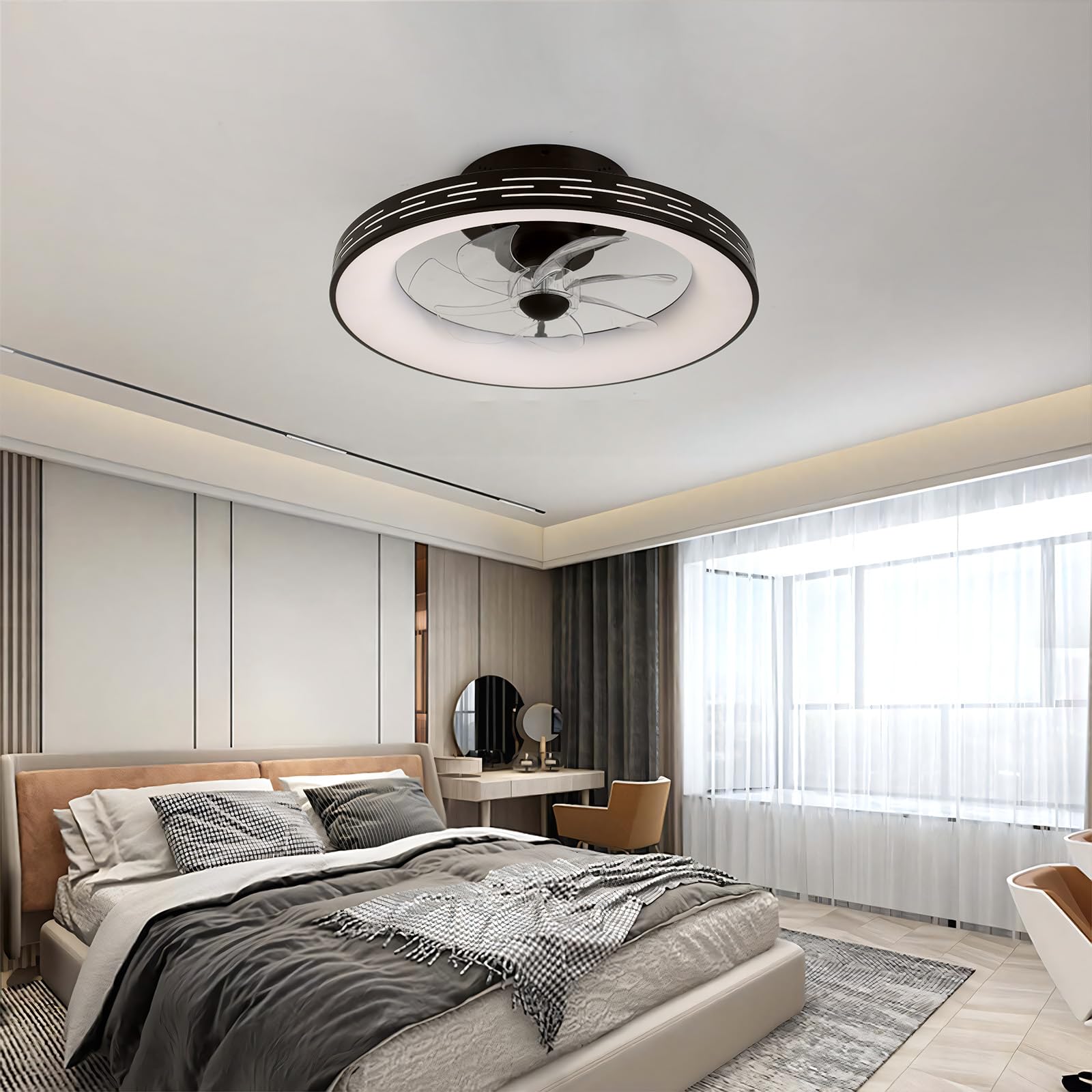 Sypialnia 18" Lampa Sufitowa Z Pilotem Wentylatora Ciche Wentylatory Sufitowe LED Ze Ściemniaczem Światła Odwracalna Nowoczesna Czarna Lampa Z Wentylatorem Smart 6 Biegów Do Salonu