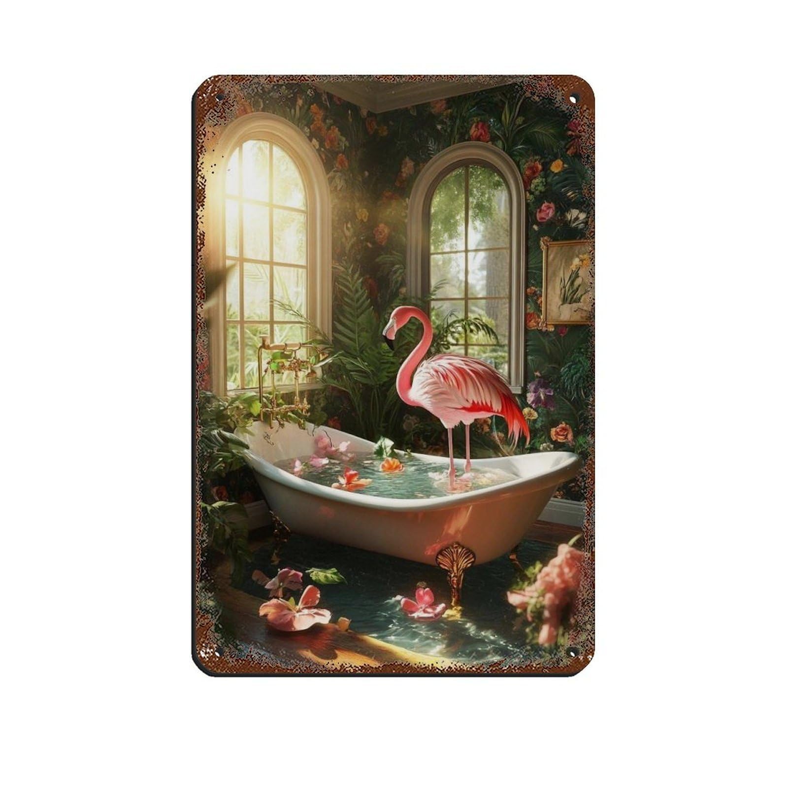 Tropical Flamingo, Bath Time Flamingo Retro Poster Metal Tin Sign Chic Art Retro Iron Painting Bar People Cave Cafe Family Garage Poster Wall Decoration 8x12inch(20x30cm)