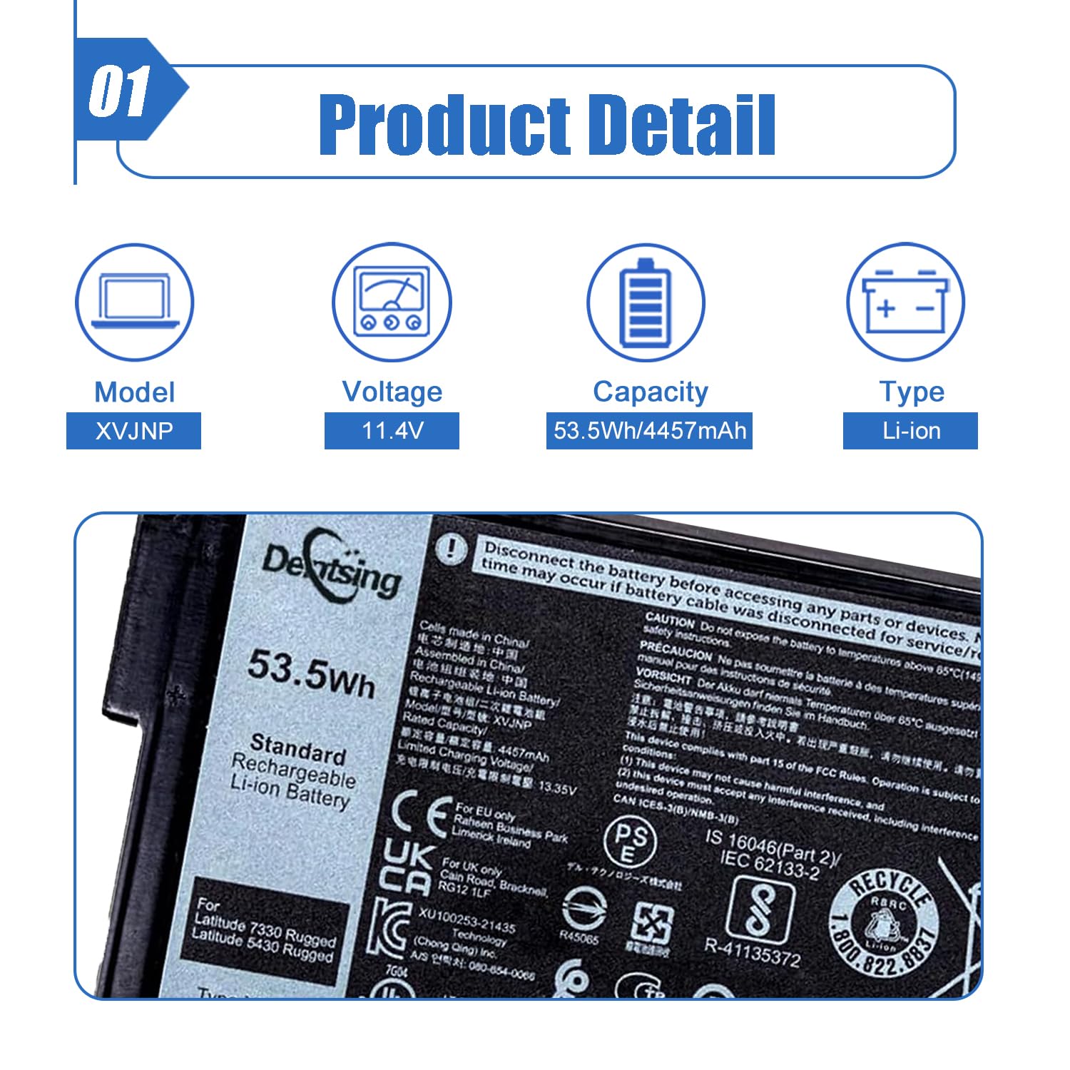 XVJNP Laptop Battery Compatible with Dell Latitude 5430 7330 Rugged Extreme P148G P148G001 P149G P149G001 Series 6JRCP 06JRCP M0TN3 0M0TN3 KD1CT 451-BCWQ 11.4V 53.5Wh