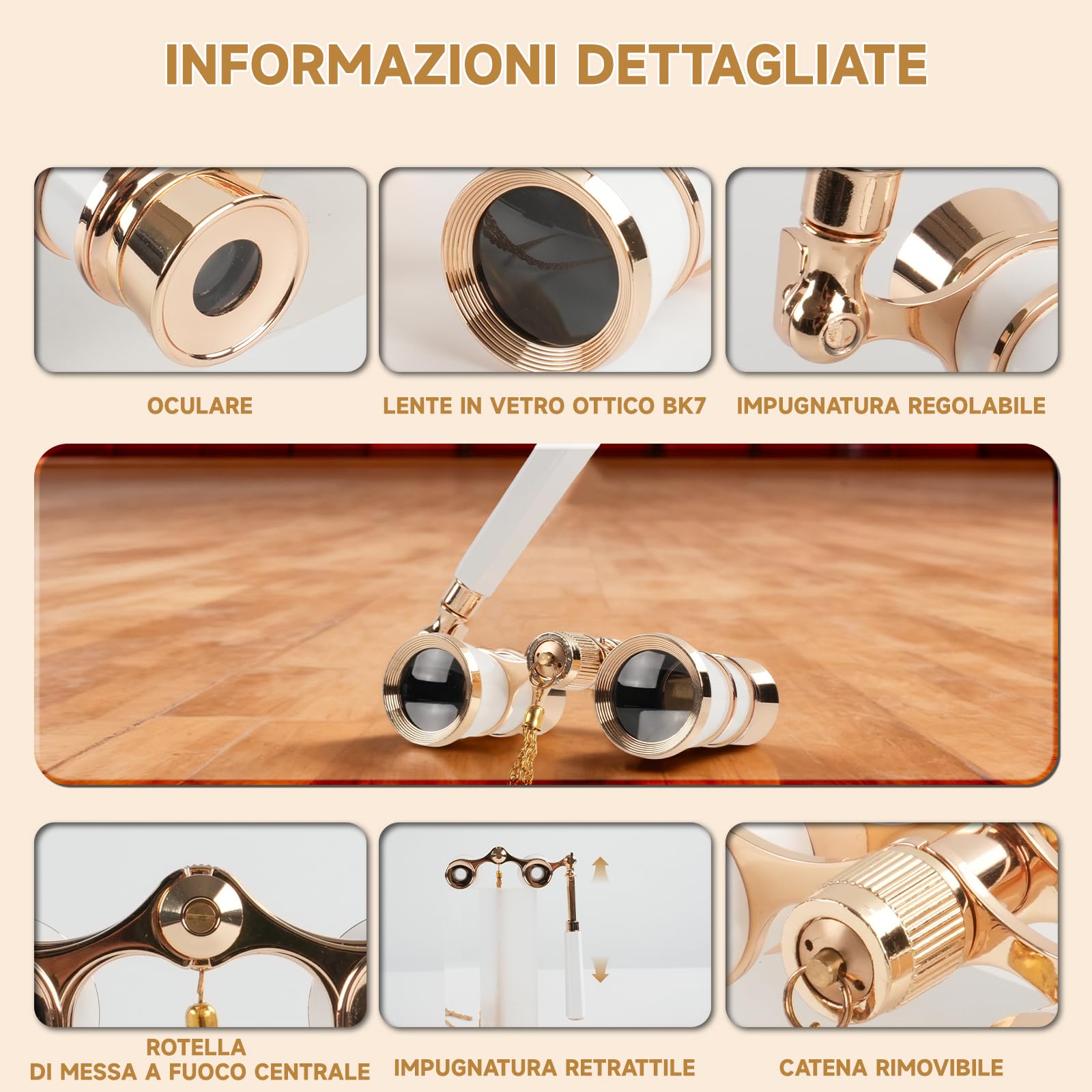 Binocolo da Teatro 3x25 Bianco - Vintage Portatile con Manico e Catena, per Opera, Concerti e Regali