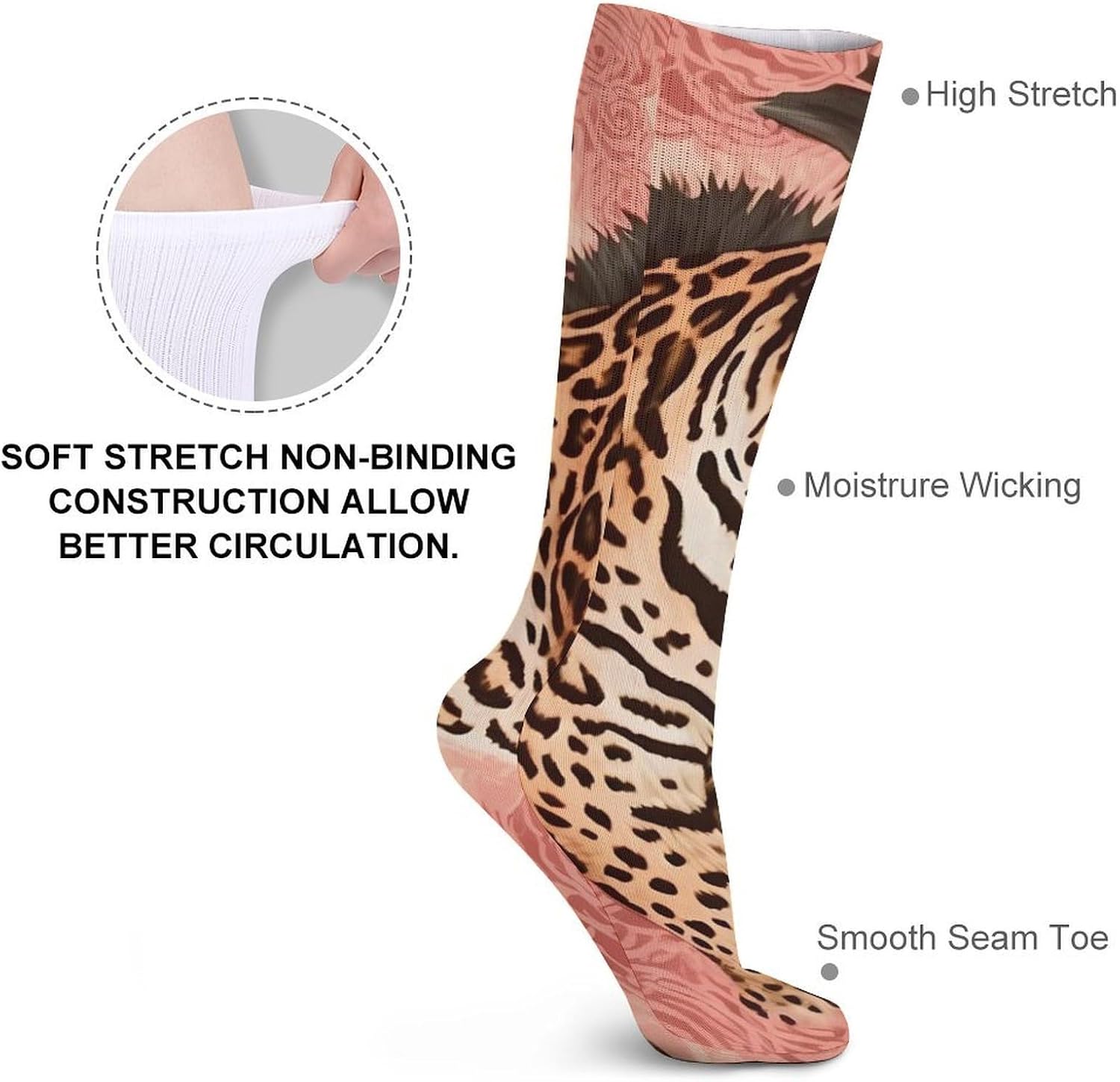 Breathable Crew Sock, Moisture Wicking, Athletic Calf Socks, Cozy | Striped Leopard Compression Socks for Women Men, Lightweight High Work Socks for Business, Casual