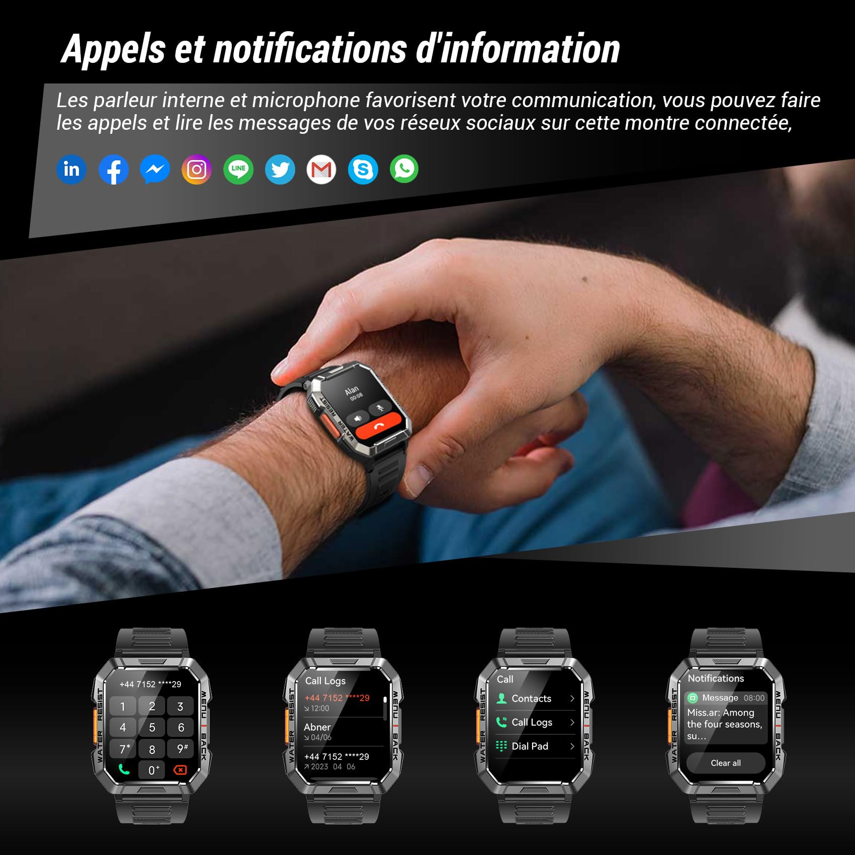 Montre Connectée Militaire Hommes, Autonomie 100 jours, Lampe de Poche LED
