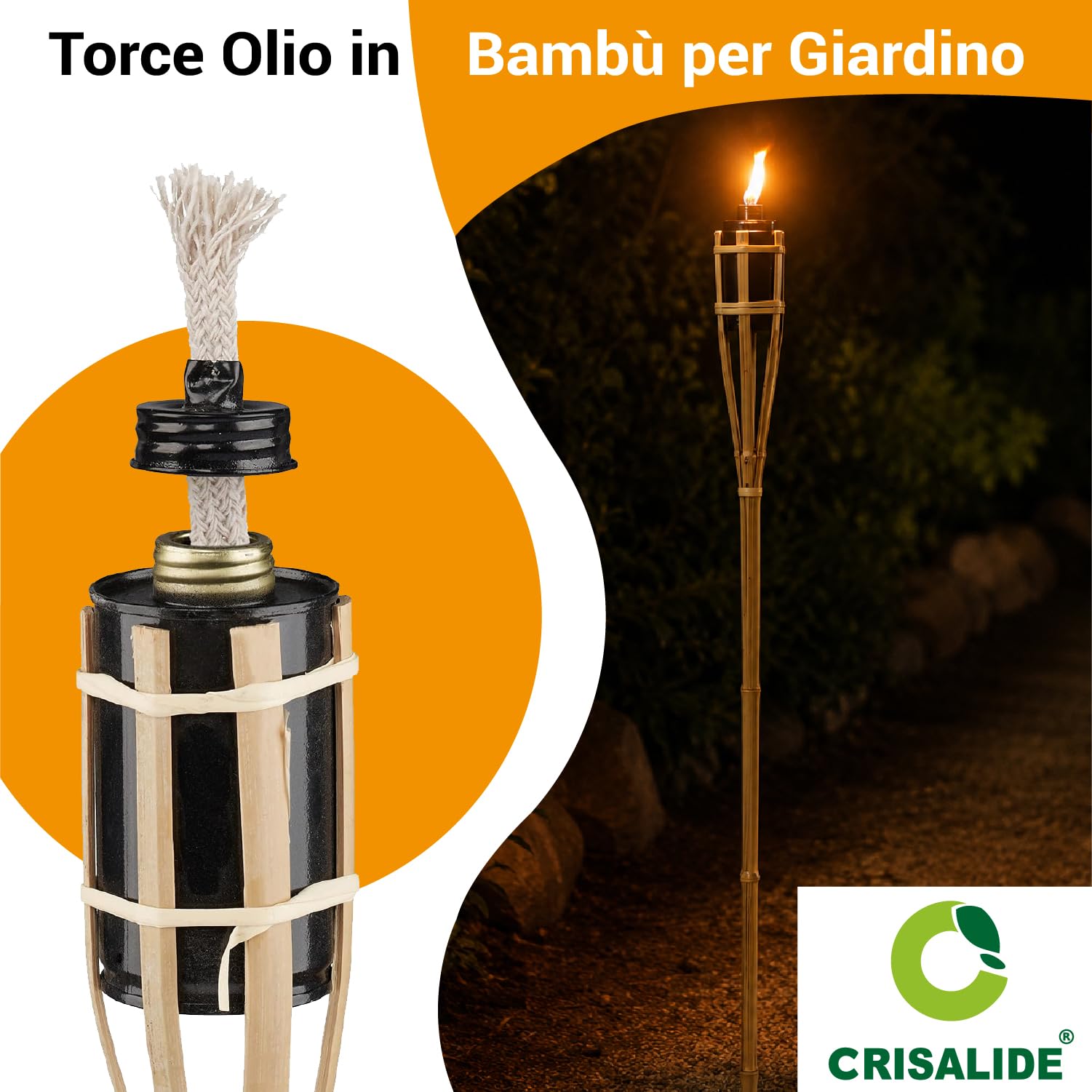 Crisalide® - Torce ad Olio in Bambù per Giardino – Fiaccole Decorative da Esterno con Serbatoio in Metallo e Stoppino – Ideali per Patio, Vialetti e Piscina – Set 5 o 10 Pezzi (10, 120 Cm - 0,625 L)