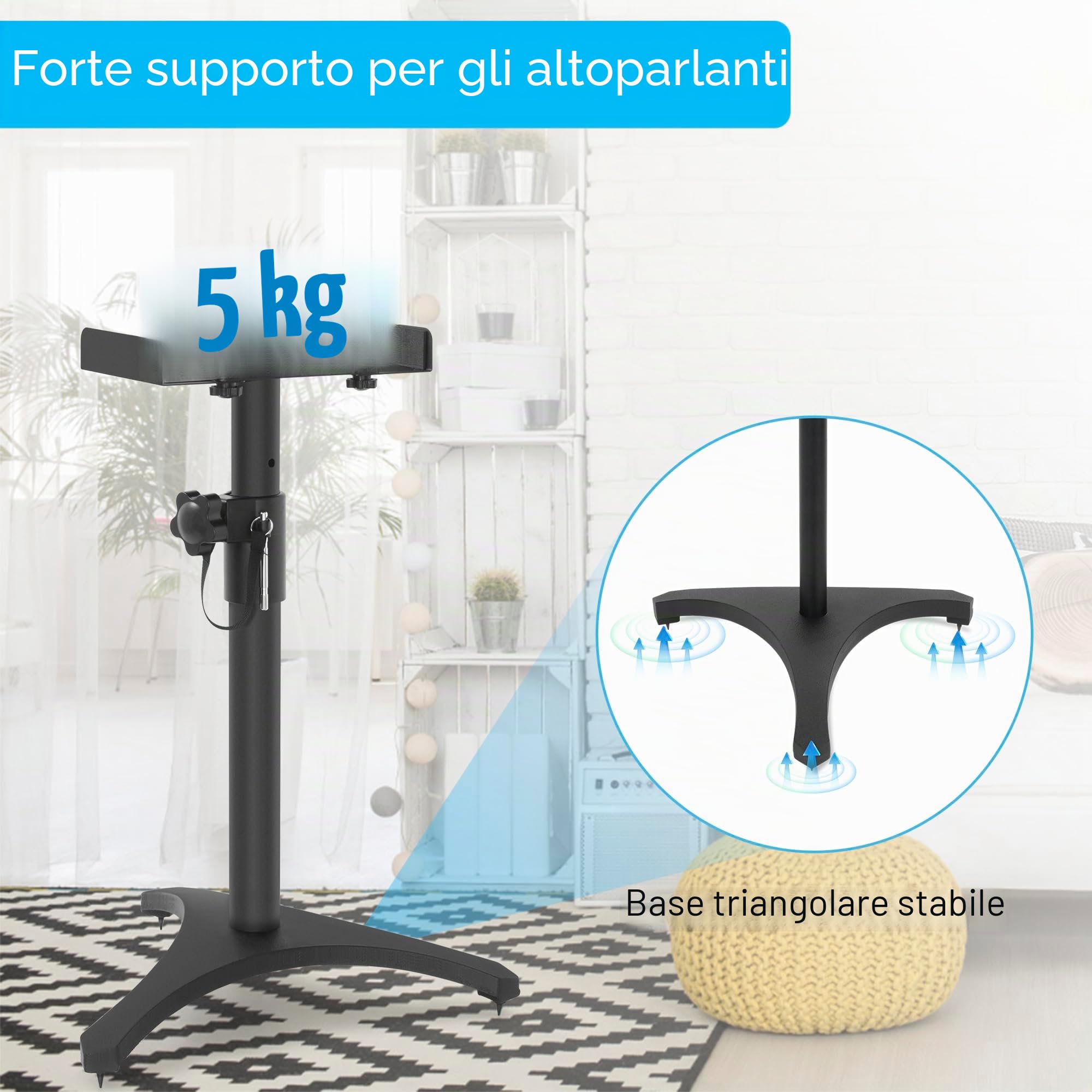OUUTMEE Set di 2 supporti per altoparlanti regolabili in altezza, piedi per altoparlanti universali, supporti per altoparlanti a pavimento con base triangolare per altoparlanti da libreria e
