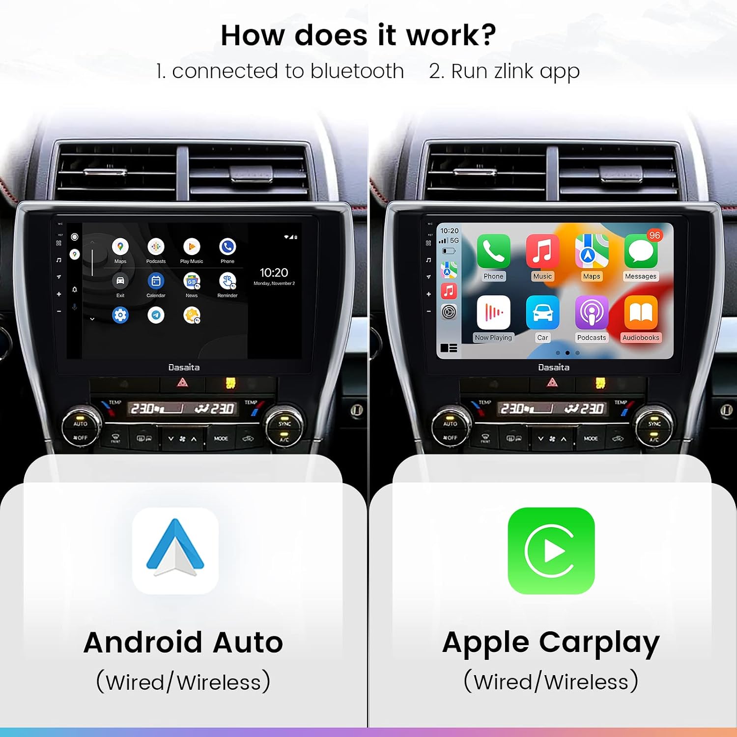 Dasaita 10.2 inch Android Car Stereo displaying Android Auto and Apple CarPlay interfaces.