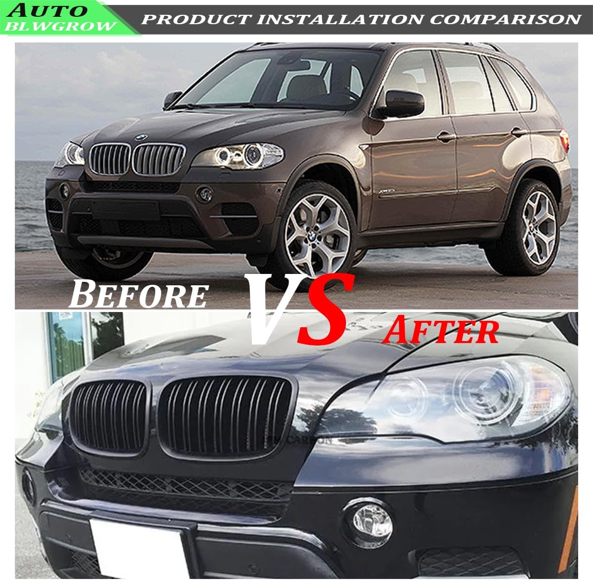 Front Grille Compatible with 2007-2013 BMW X5 E70 2008-2014 X6 E71 Front Kidney Grill ABS Gloss Black with Double Slats