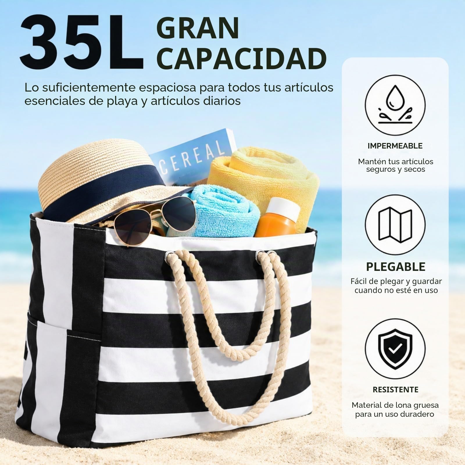 Bolsa de Playa, Bolsa Playa grande xxl Familiar, Plegable Bolso Playa Mujer, Bolsas Playa con Cremallera, Bolsas de Playa para Playas, Vacaciones en Familia, Picnics