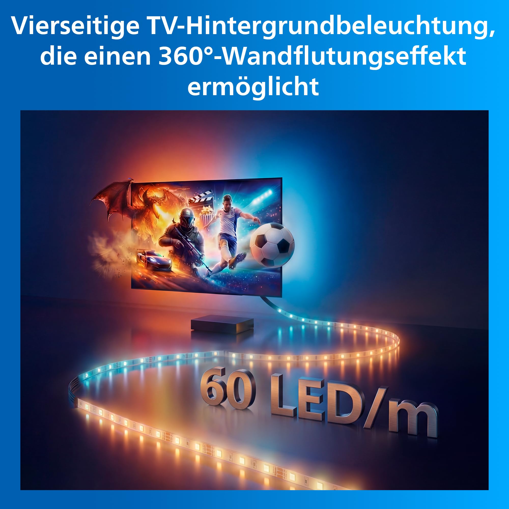 Philips Smart Lighting HDMI 2.1 Sync Box 8K mit TV-Hintergrundbeleuchtung, 55–65 Zoll, RGBIC LED-Lightstrip, Schn. Bildwiederh., Anpassb. Licht, Einf. Install., TV, Film, Games, HDMI-Eing. Erforderl.
