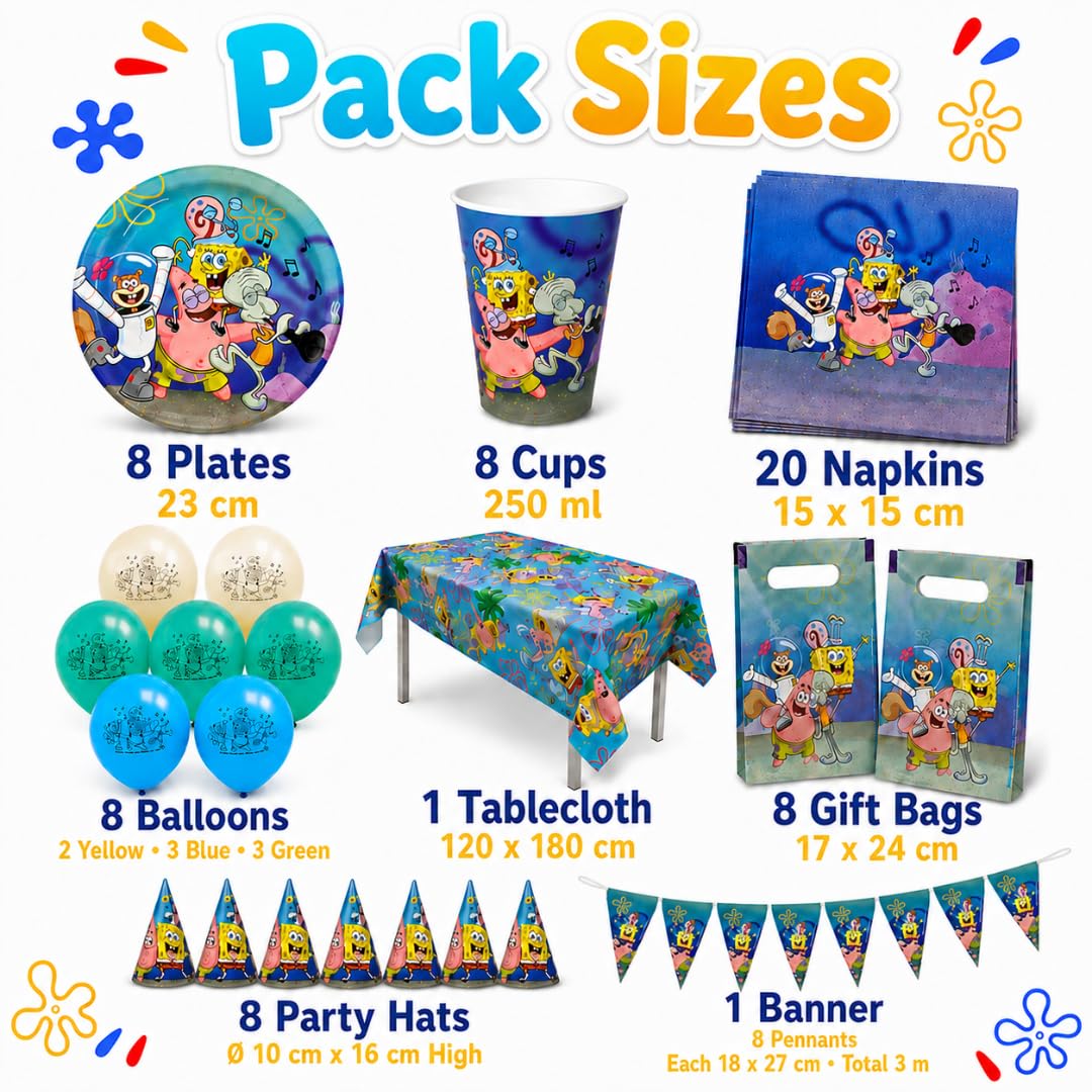 SpongeBob Compleanno, Kit Compleanno Bambini 62 Pezzi con Decorazioni Festa, Piatti, Bicchieri, Tovaglioli, Palloncini, Tovaglia, Sacchetti Regalo, Cappellini e Ghirlanda