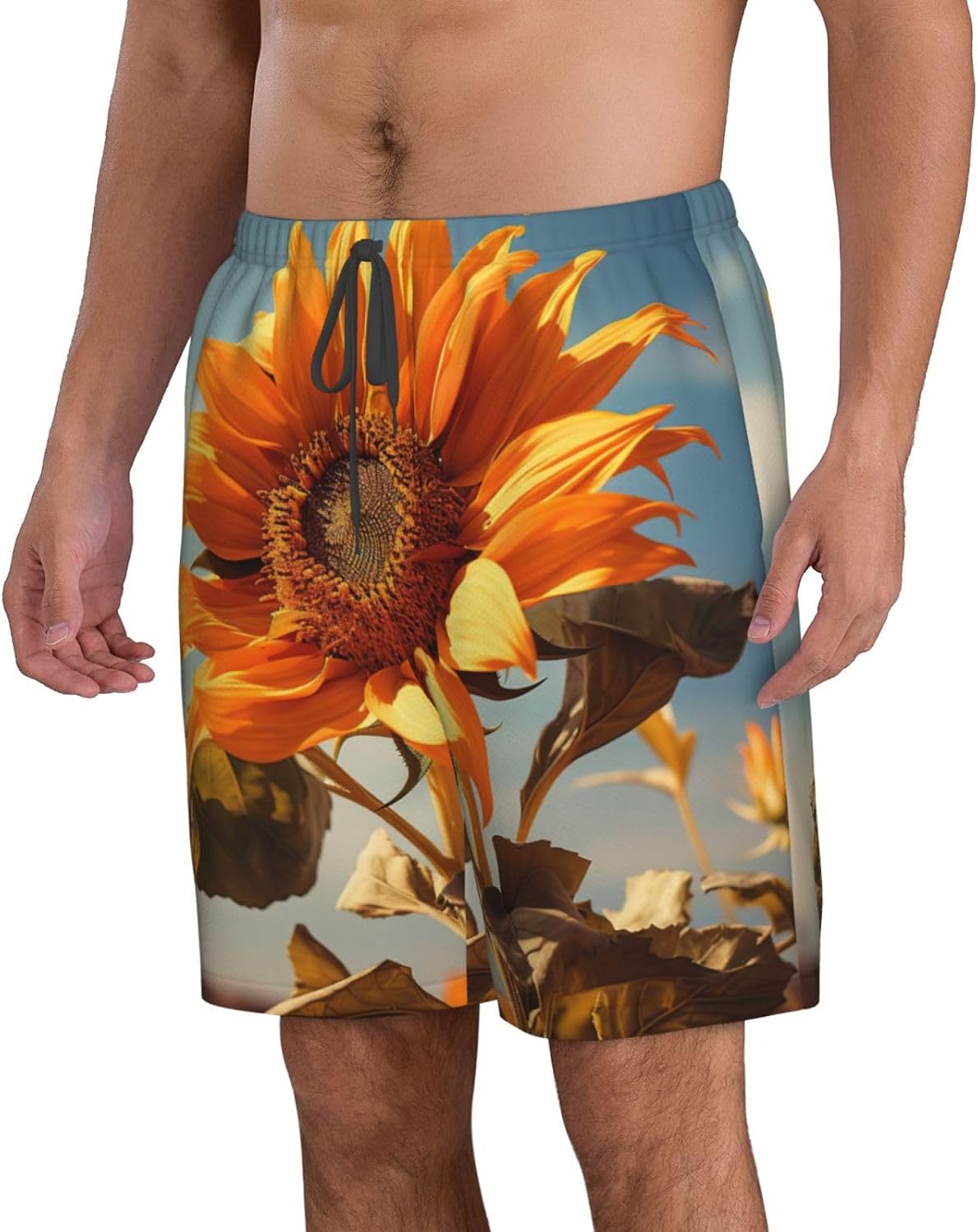 Beautiful Sunflower Print Men's Quick-Drying Shorts Casual Beach Pants Stretch Waist Shorts and Pockets